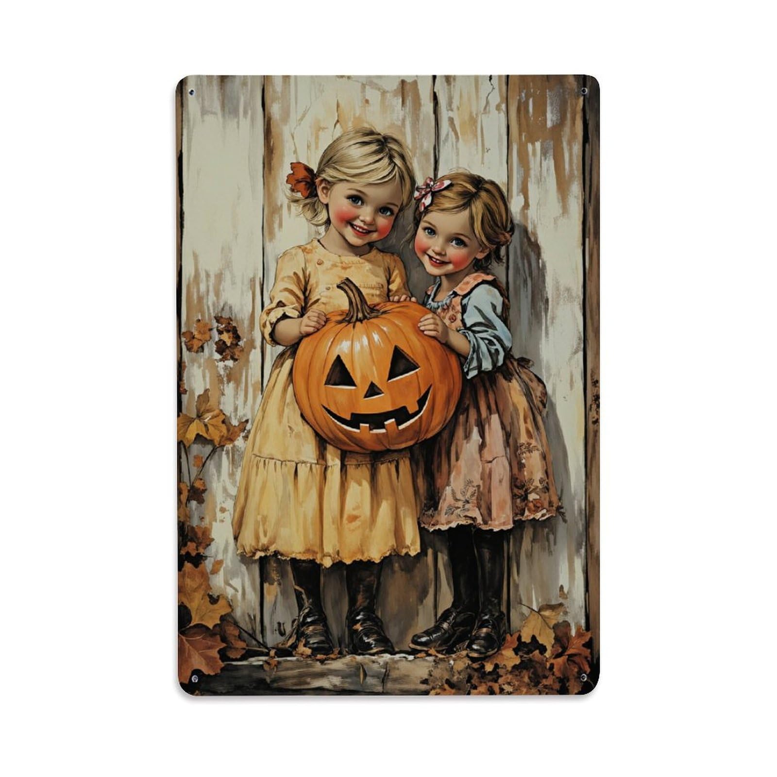 Jdfenggu Vintage Pumpkin Halloween Children Autumn Leaves Retro Metal Tin Sign, Decor Art Poster For Bar, Home, Man Cave, Kitchen, Laundry Room Gift 8X12inch