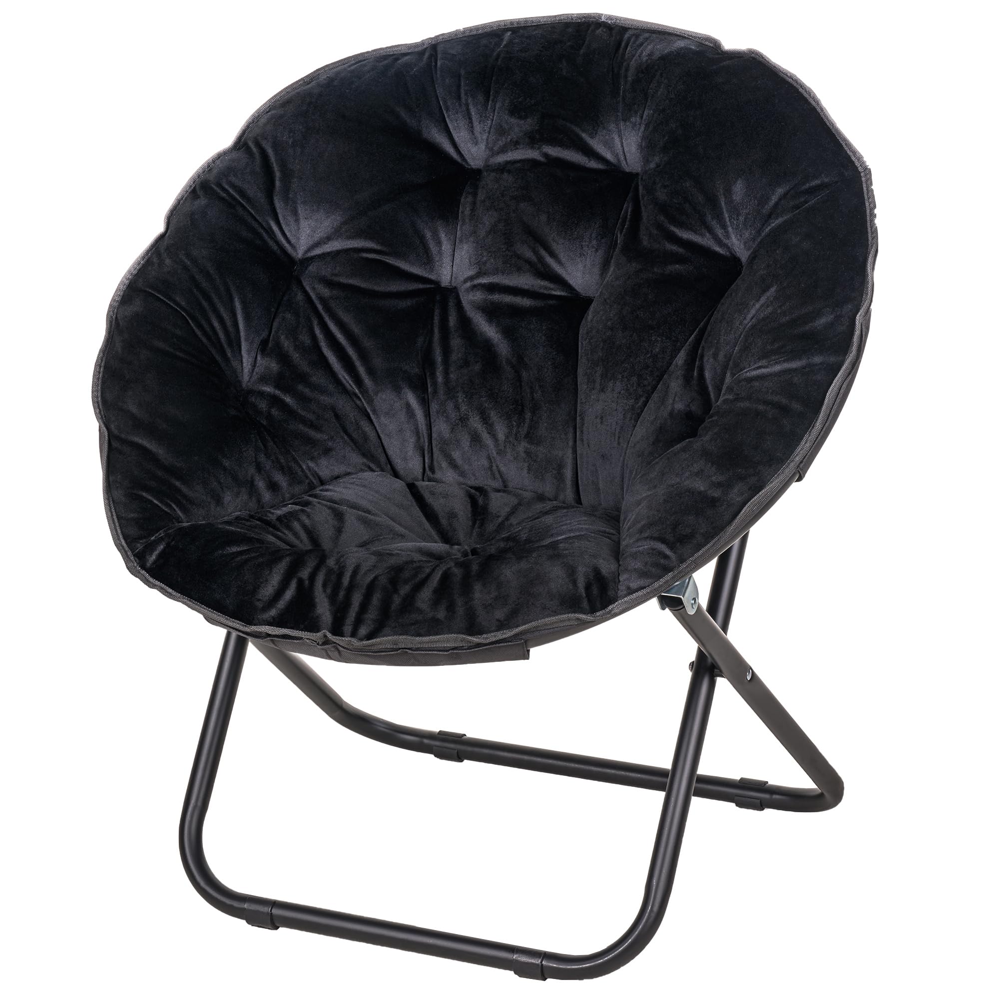 vecelo saucer chair for adults, folding moon chair with metal frame, faux fur for bedroom, living room, dorm room, apartment, black