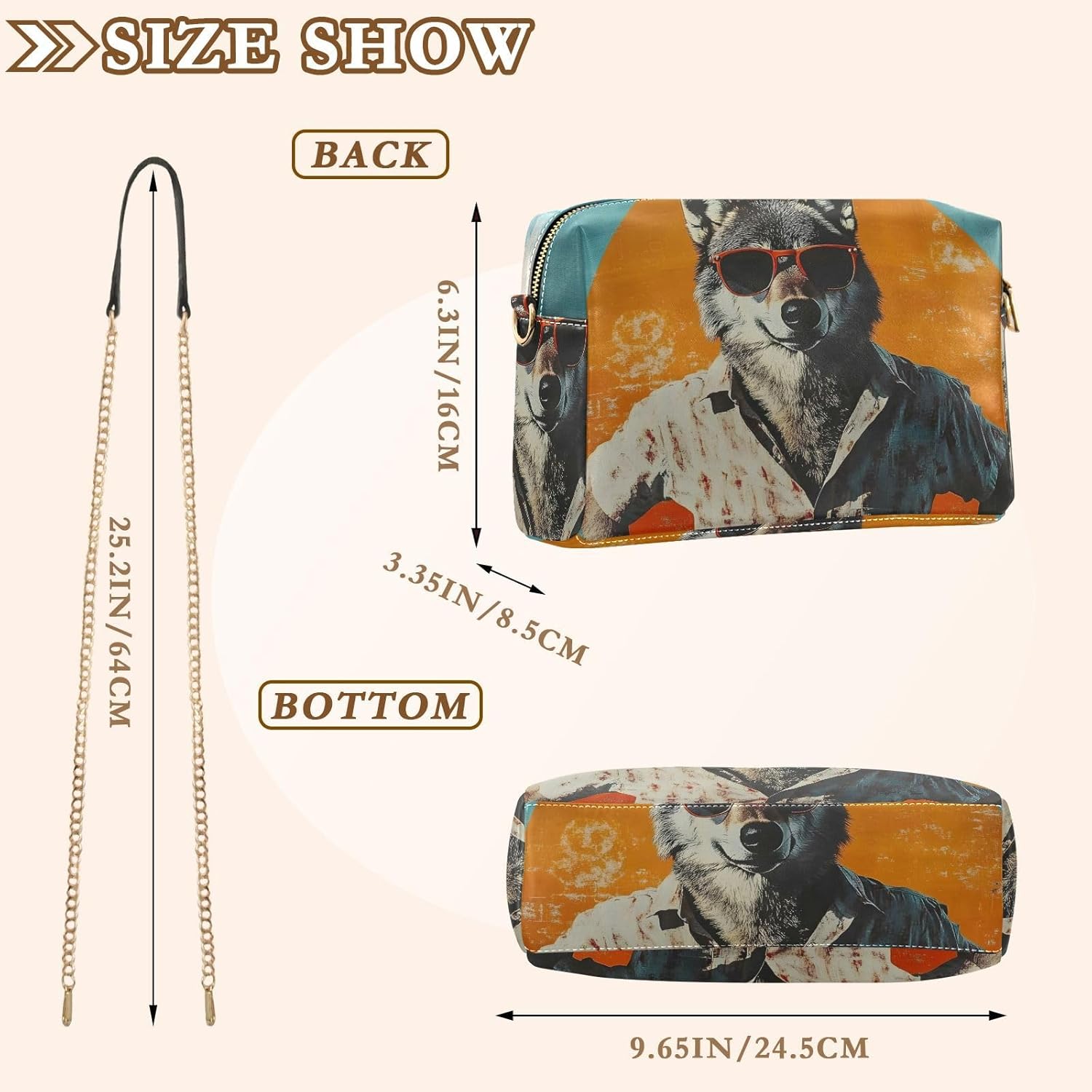 Women Crossbody Bag Shoulder Handbag Cellphone Purse Aloha Wolf Print, PU Leather Metal Chain Strap Water Resistant Zipper Closure