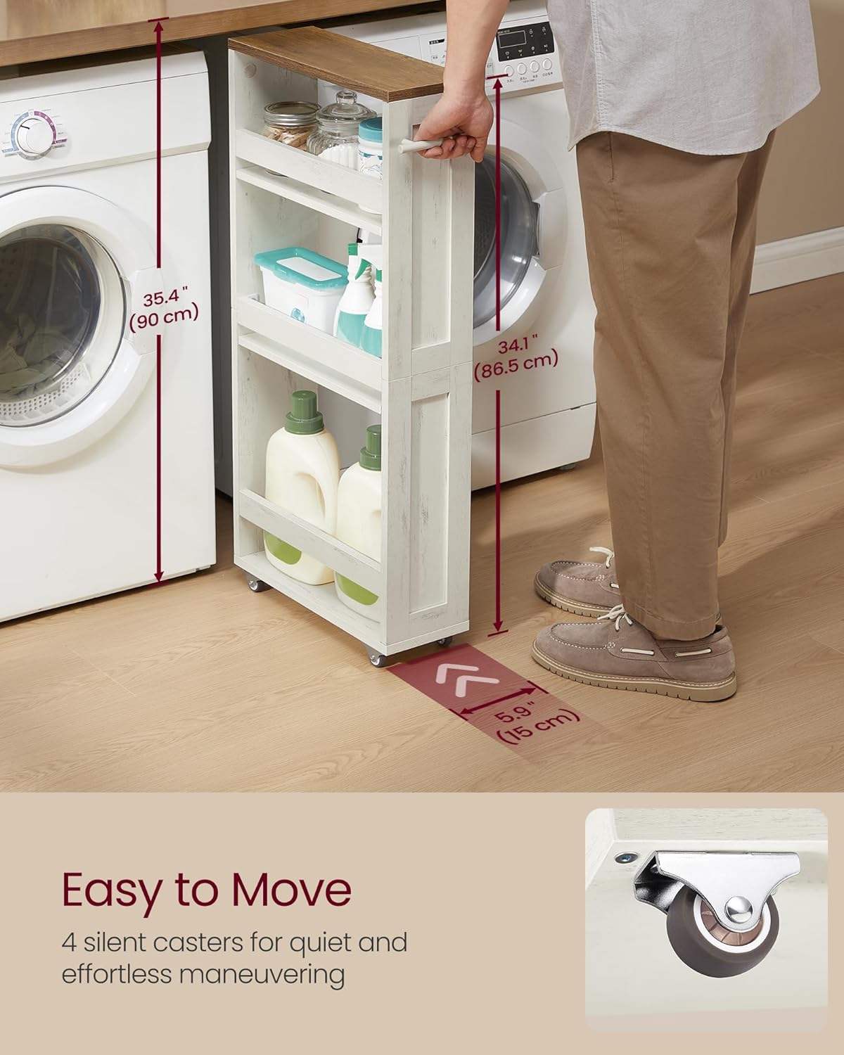 VASAGLE 4-Tier Slide-Out Storage Cart, Slim Kitchen Cart for Small Spaces, with Wheels, Handle, Bathroom, Laundry Room, 5.9 x 17 x 34.1 Inches, Rustic White and Honey Brown ULRC050K01 - Image 4