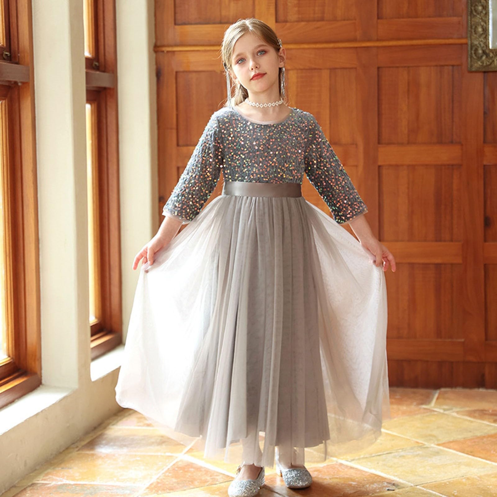 Générique Abito elegante con paillettes a maniche lunghe per ragazze sovrapposizione bambino vestito principessa sera cerimonia spettacolo