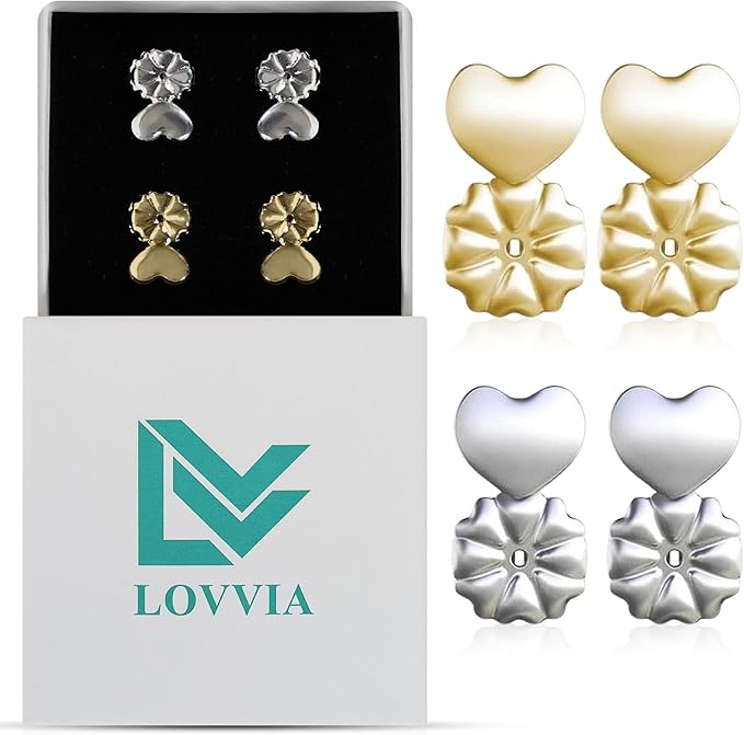 LOVVIA Cierres elevadores de pendientes, Tuercas lóbulos rasgados, Levantadores orejas caídas, Hipoalergénicos, 2 Pares Ajustables, Plateado y dorado