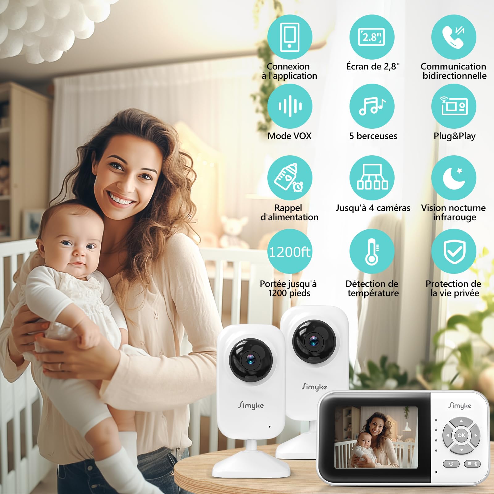 Simyke Babyphone 2 Caméras, écran IPS sans Fil Direct, Connexion APP WiFi 2,4G, Vision Nocturne Automatique, Batterie 2500mAh, Mode VOX, Appel bidirectionnel, détection de température.