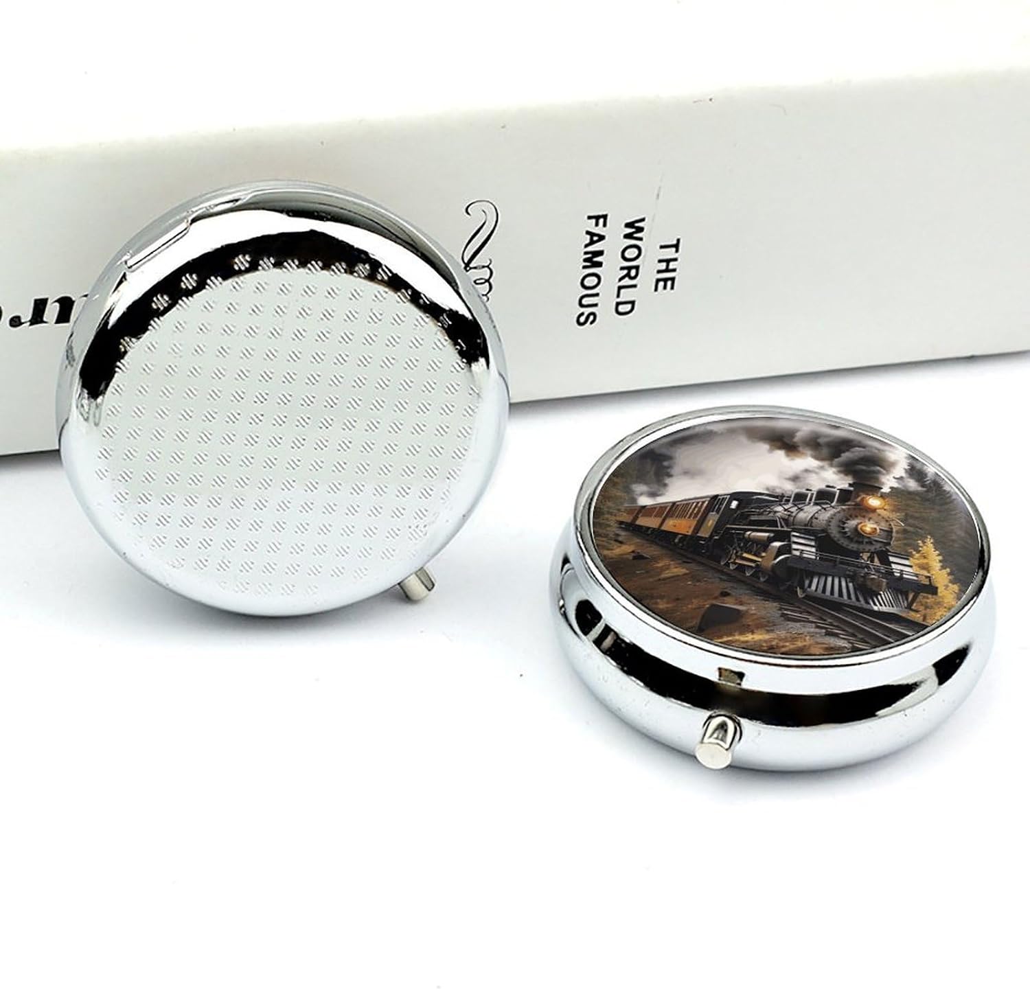 Round Daily Steam Train Pill Case with 3 Compartment & Mirror image 5