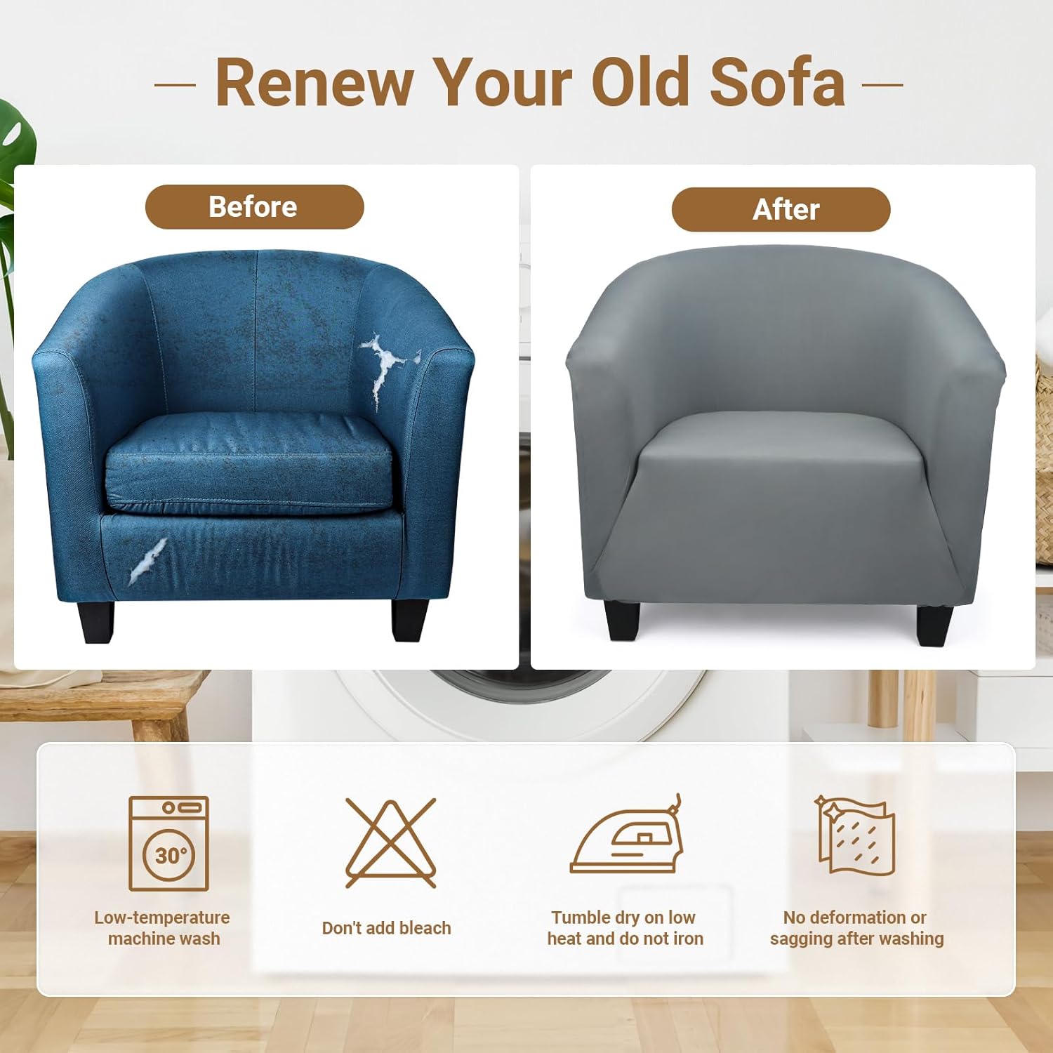 Club Chair Slipcover for Living Room, 1 Piece Dark Gray Stretch Slipcover with Arms, Barrel Chair Slipcover Covers Soft Armchair Sofa Cover Removable Couch Furniture Protector
