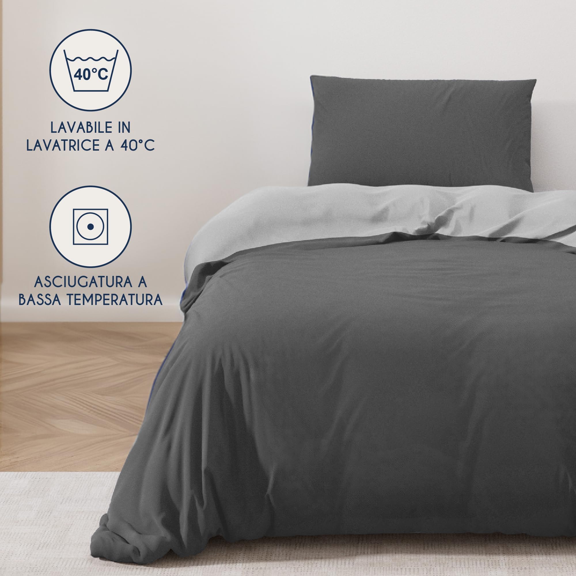 Dreamzie Copripiumino Singolo 135x200 cm con 1 Federe 50x70 cm - Grigio Scuro/Grigio Chiaro Set Copripiumino Singolo 135 x 200