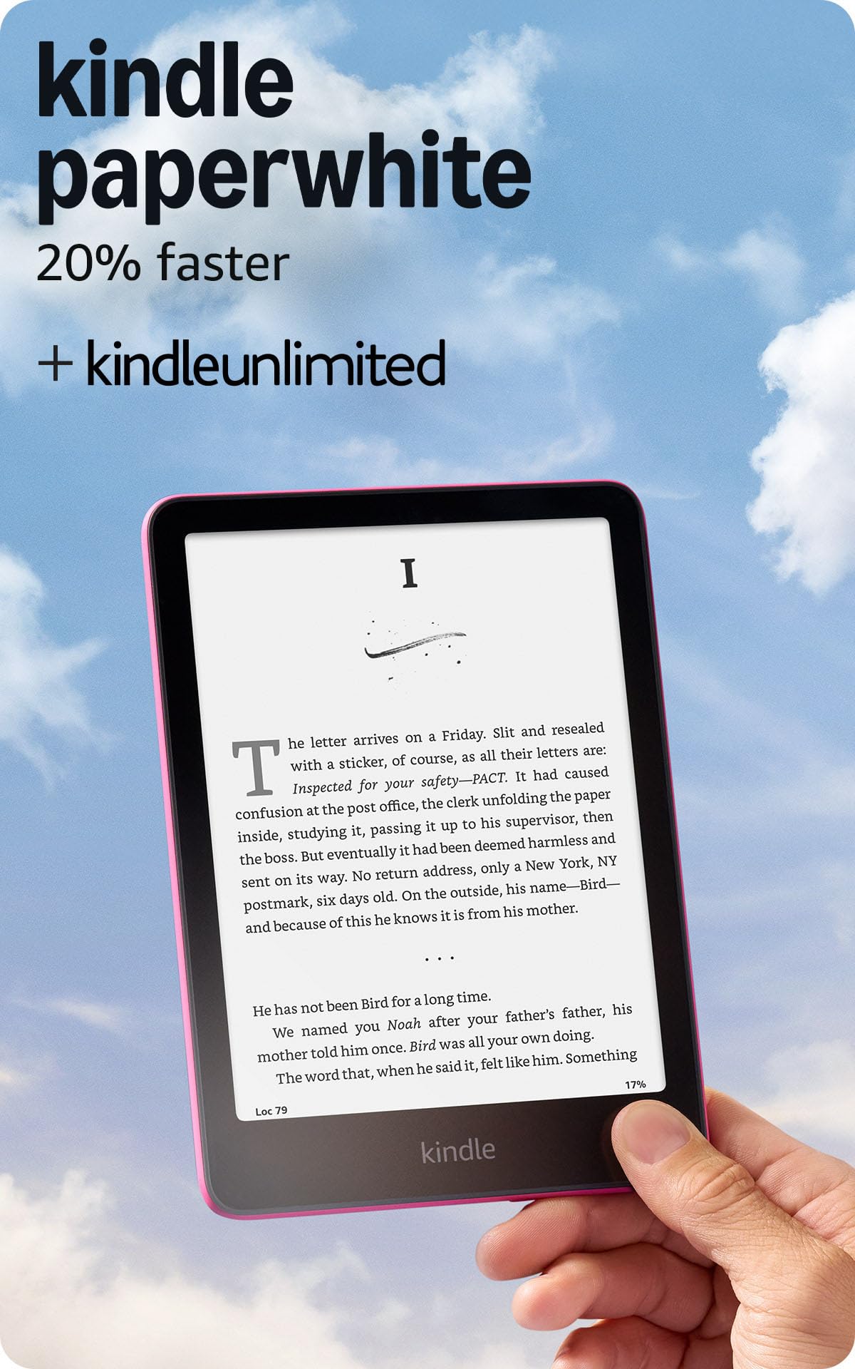 Amazon Kindle Paperwhite 16GB (newest model) – 20% faster, with new 7" glare-free display and weeks of battery life – Without lockscreen ads – Raspberry + 3 Months Free Kindle Unlimited (with auto-renewal)