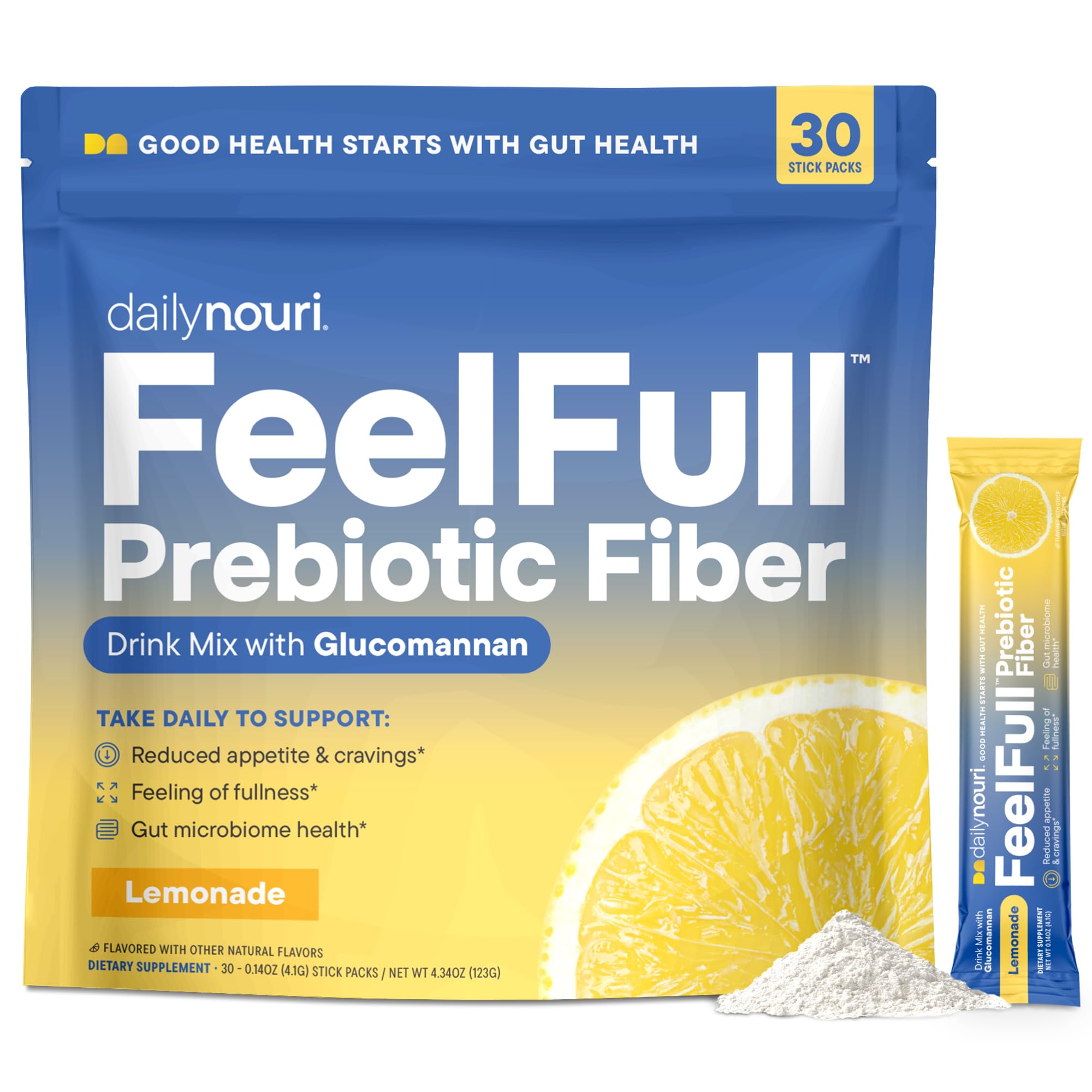 Daily Nouri FeelFull Prebiotic Fiber Drink Mix | Supports Natural Fullness, Appetite & Cravings Control, Gut & Metabolic Health | Oligofructose, Glucomannan & Chromium | 30 Stick Packs 4.34 Ounce (Pack of 1)
