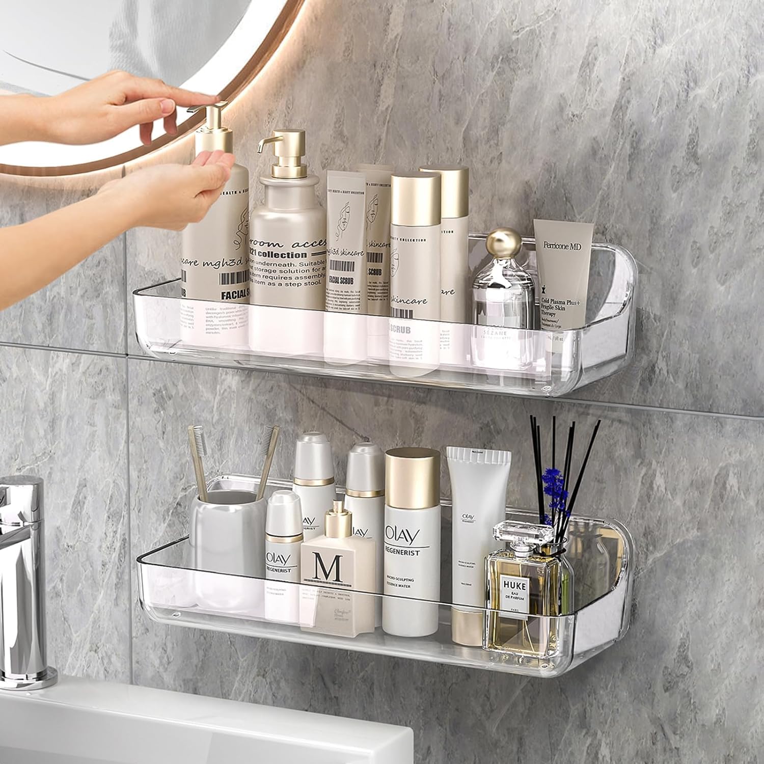 Étagères de douche transparentes sans percer pour en finir avec le désordre et les trous