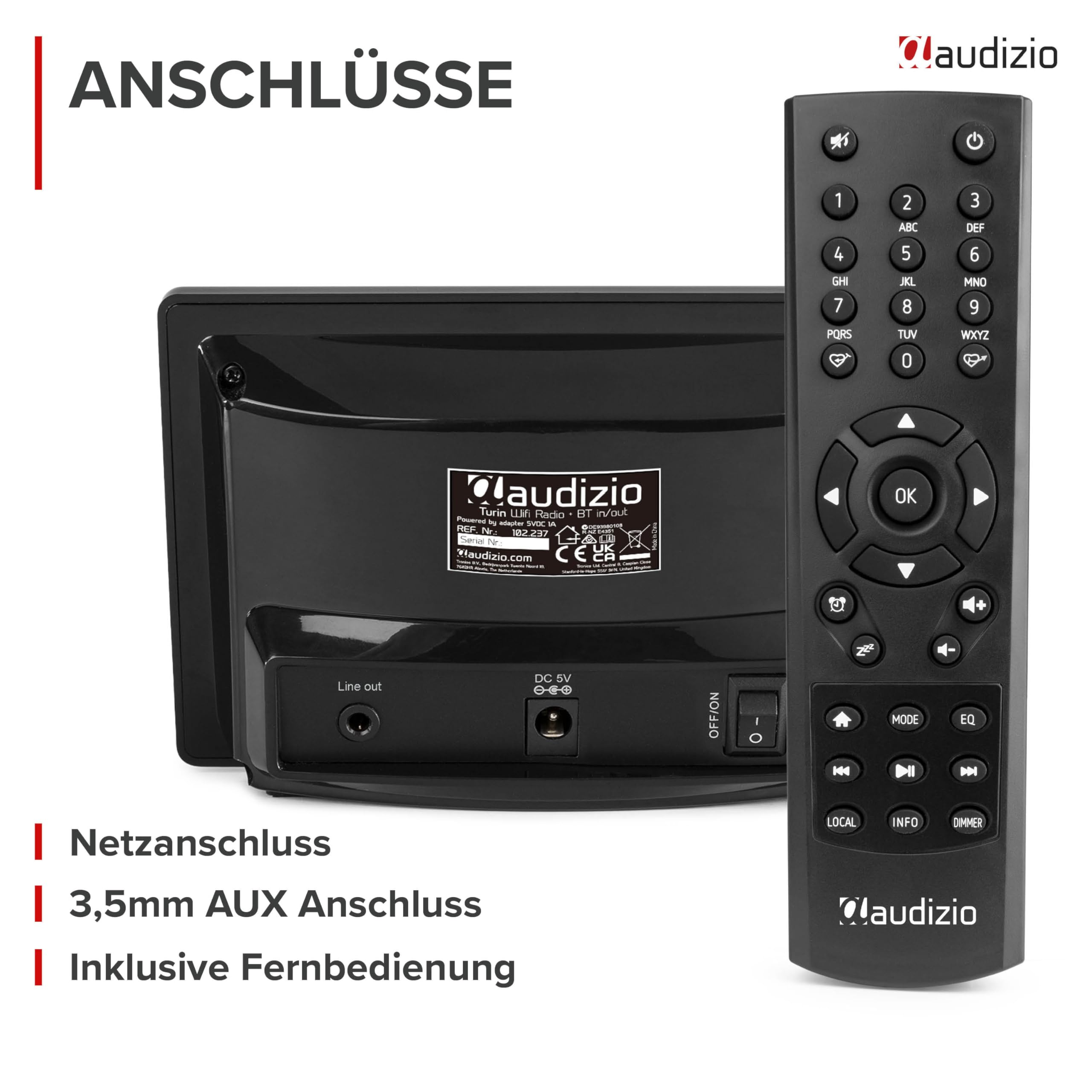 Audizio Turin Internetradio Adapter WLAN & Bluetooth - WLAN Radio Tuner für Stereoanlage & Aktivboxen - Internet Radio Receiver - 2,4" Farbdisplay, Line-Out, Wecker & Fernbedienung - Schwarz