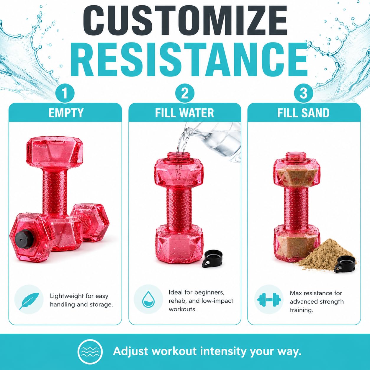 Lot de 2 Haltères de Natation, Haltères Remplissables à L'eau, Haltères pour Exercices Aquatiques, Poids D'eau pour Exercices en Piscine, Haltères de Fitness Aquatique, équipement de Sports Nautiques