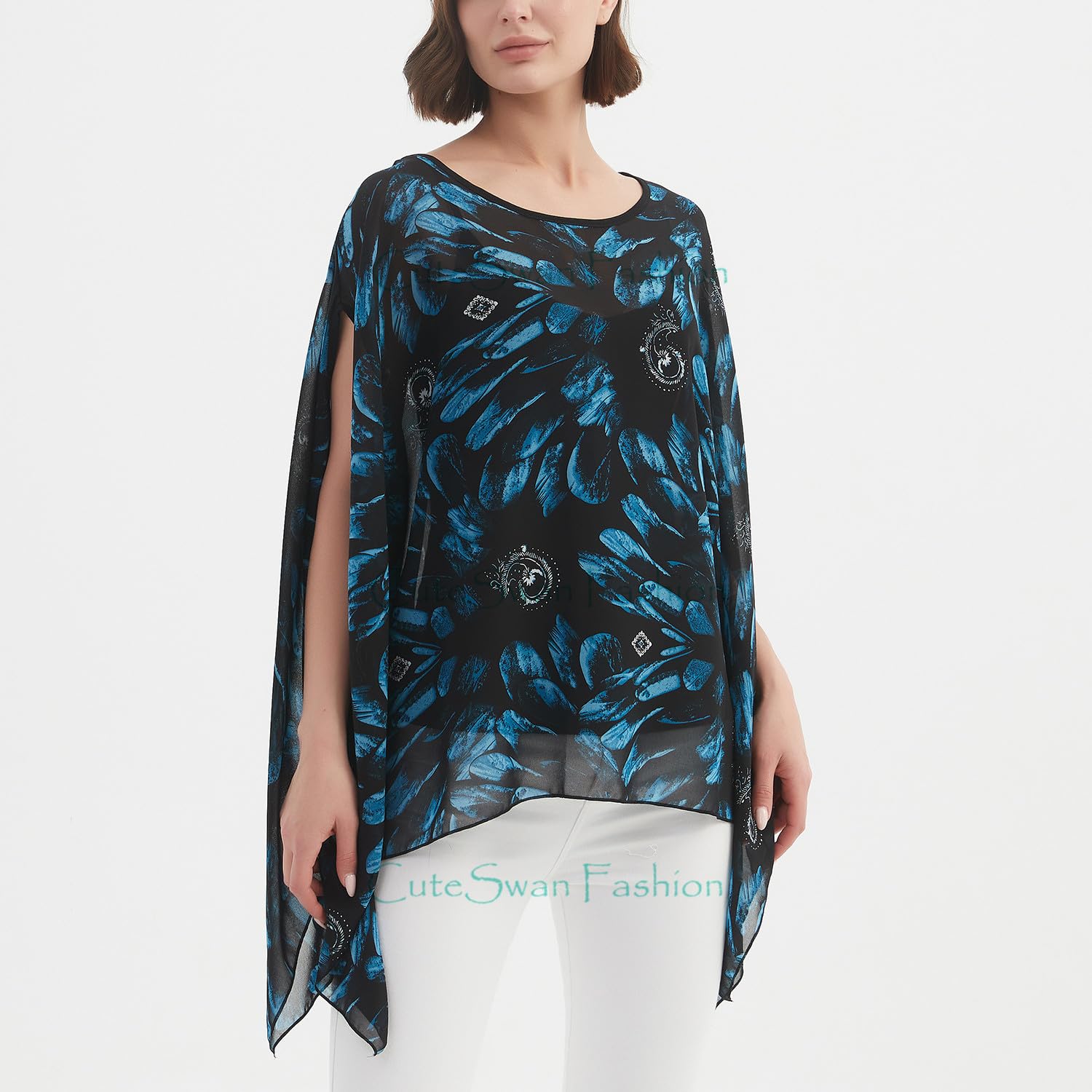 CuteSwan Camicetta da donna Lagenlook caftano con maniche a pipistrello in chiffon bohémien sciolto floreale camicetta tunica
