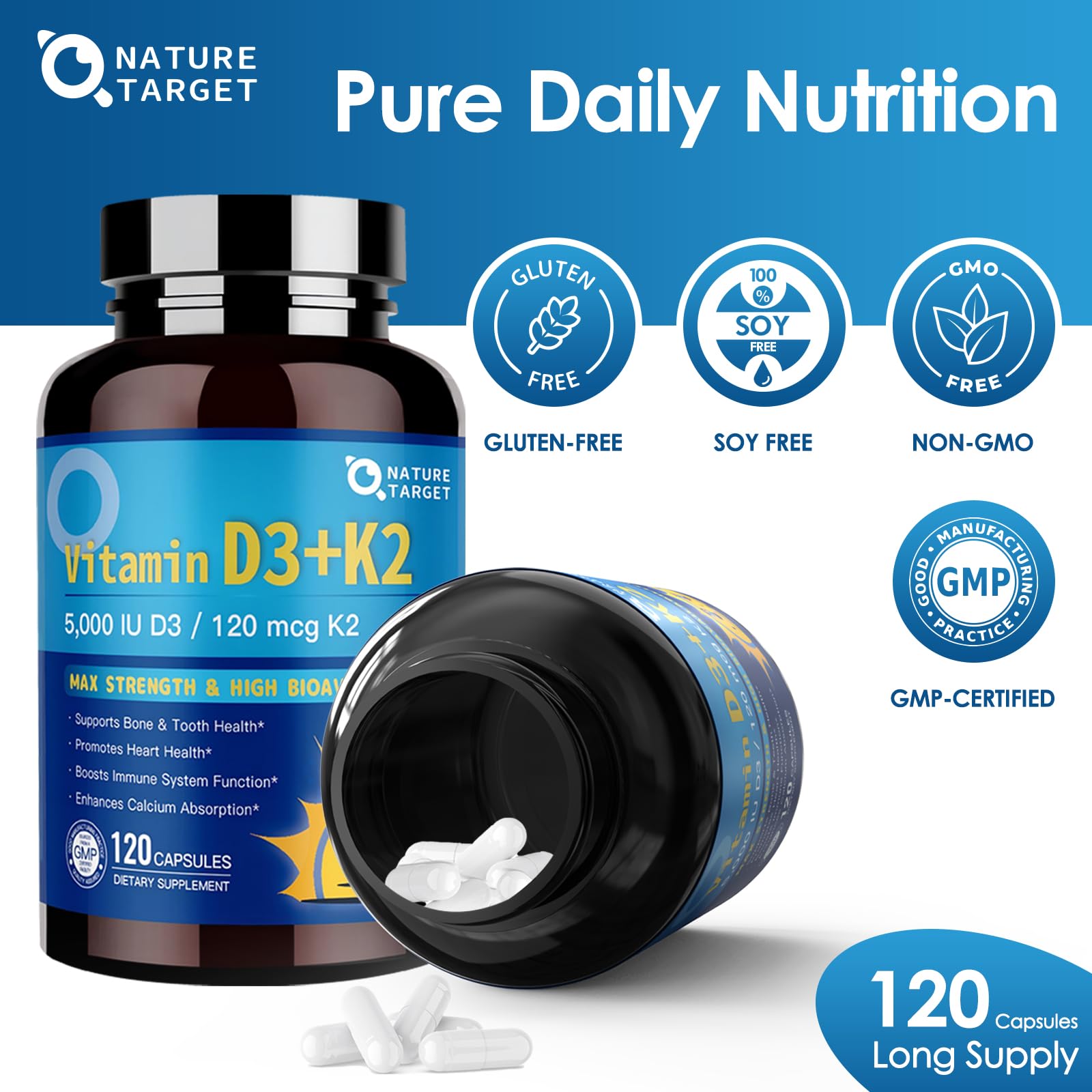 NATURE TARGET Vitamin D3 K2 with Calcium & Magnesium, 120 Servings — Amazon image 7