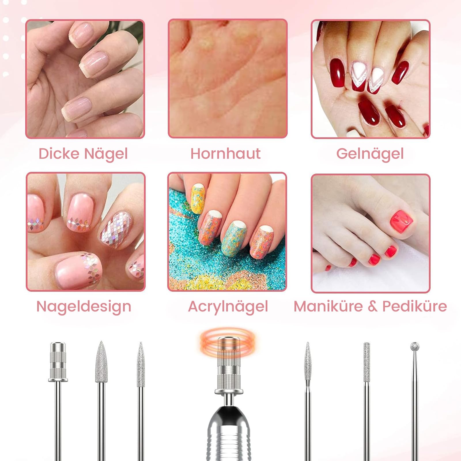 Elektrische Nagelfräser 35000 U/min, Delanie Wiederaufladbare Fräser für gelnägel Nagellack, Maniküre set Elektrische Nagelfeile mit Nagel bits, Einstellbare Geschwindigkeit und Richtung -rosagold