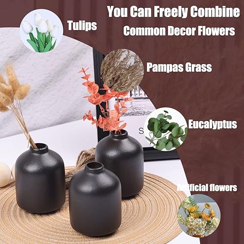 Miniatura 3 de Paquete de 6 jarrones negros, modernos jarrones bohemios para flores secas, jarrones pequeños de cerámica negra para decoración del hogar, jarrones