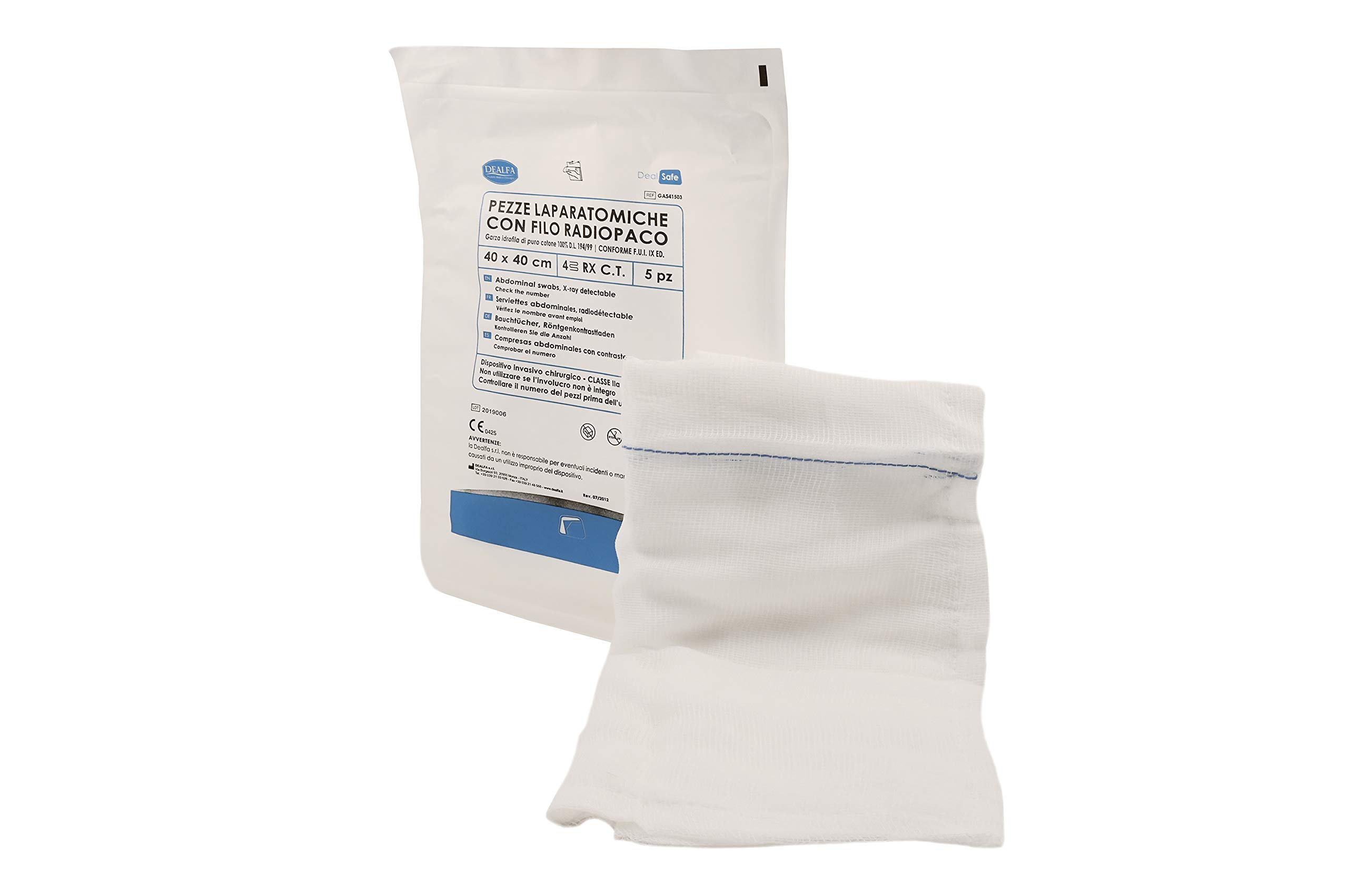 DEALFA Pezze Laparatomiche di Garza Sterili - 40x40 cm - 4 Strati con RX - Colore Bianco - Monouso - Doppia Busta Sterile da 5 Pezzi - Confezione da 5 Buste