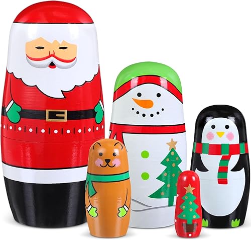 Gejoy Muñecas anidables de Navidad, muñecas rusas de Matryoshka de madera hechas a mano, muñecas de anidación de cascanueces de madera, muñecas