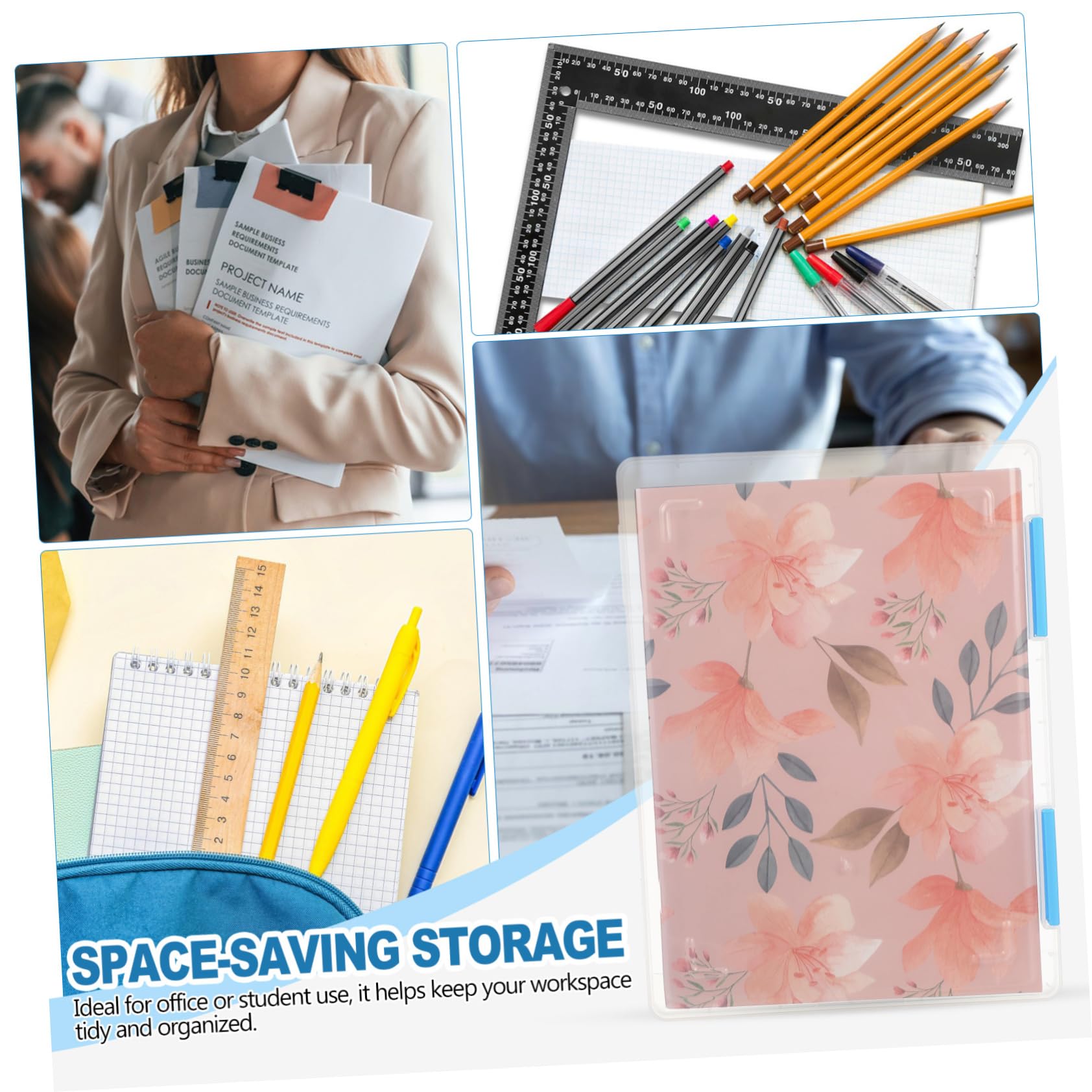 SECFOU Scatola Trasparente per Documenti A4 4pezzi, Plastico | Cartelline Portadocumenti e Storage File Boxes, con Coperchio Impilabile per Scuola e Ufficio, Decorazioni Scuola