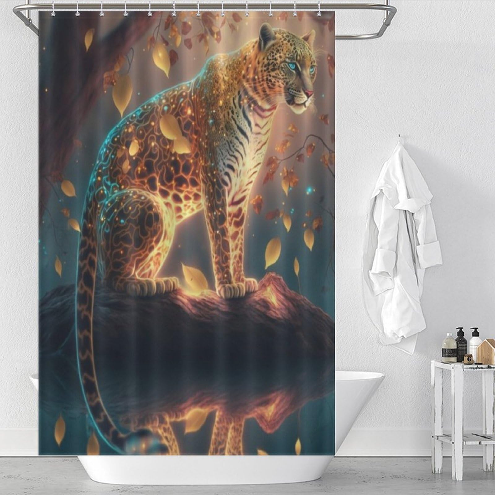 Rideau de douche léopard imperméable en tissu polyester avec 12 crochets