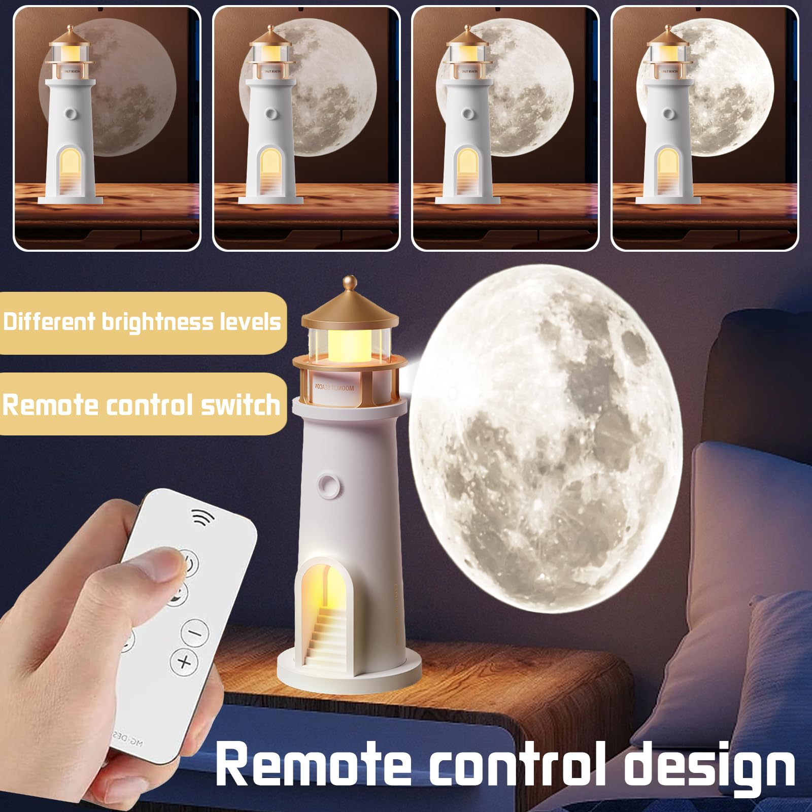 YOUYIKE Luce di Proiezione Lunare, Lampada da tavolo a forma di faro, proiettore di luce notturna, faro con proiezione lunare, Luce Notturna a LED, per Camera da Letto