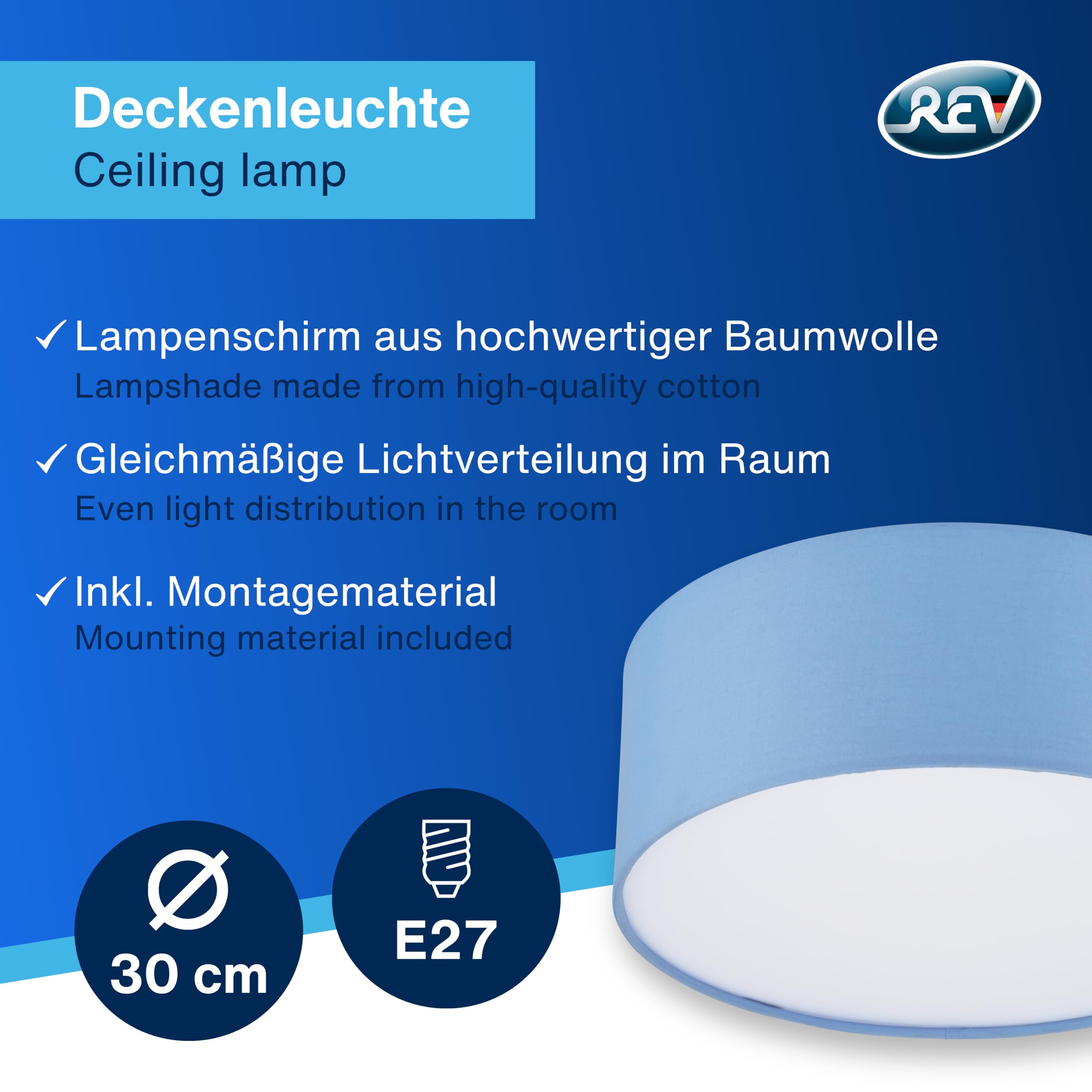 REV Deckenleuchte - 30cm, moderner Stoff-Lampenschirm in Pastell, hellblau | Deckenlampe Wohnzimmer I Stilvoller Leinenstoffschirm | inklusive zwei E27 Fassungen
