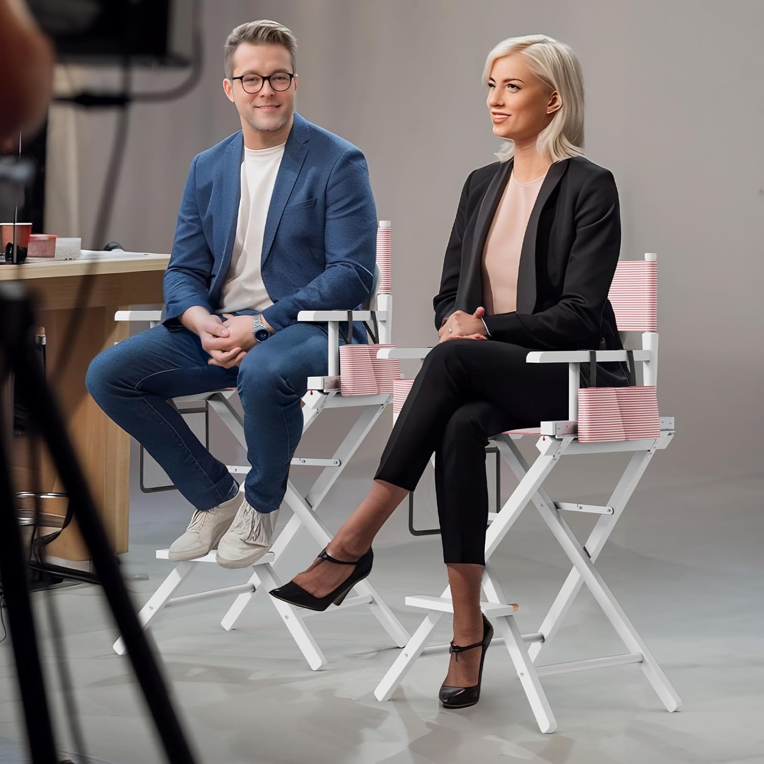 OmySalon 26" H Tall Directors Chair, Wooden Portable Folding Makeup Chair w/Storage Pouch & Footrest, Professional for Salon/Events/Mobile Services, 250lb Capacity, Striped Pink Canvas