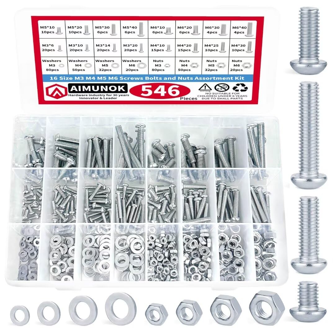 AIMUNOK 546pcs Nuts and Bolts Assortment Kit - Phillips Drive, Metric Sizes - Ideal for DIY, Household, and More - Galvanized Carbon Steel Hardware