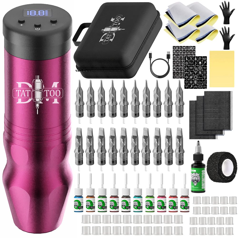 Kit penna per tatuaggi wireless - Macchina rotativa per tatuaggi da 1500 mAh con motore da 12000 giri/min, corsa da 4,0 mm, uscita regolabile da 4,8-12 V,Rosso