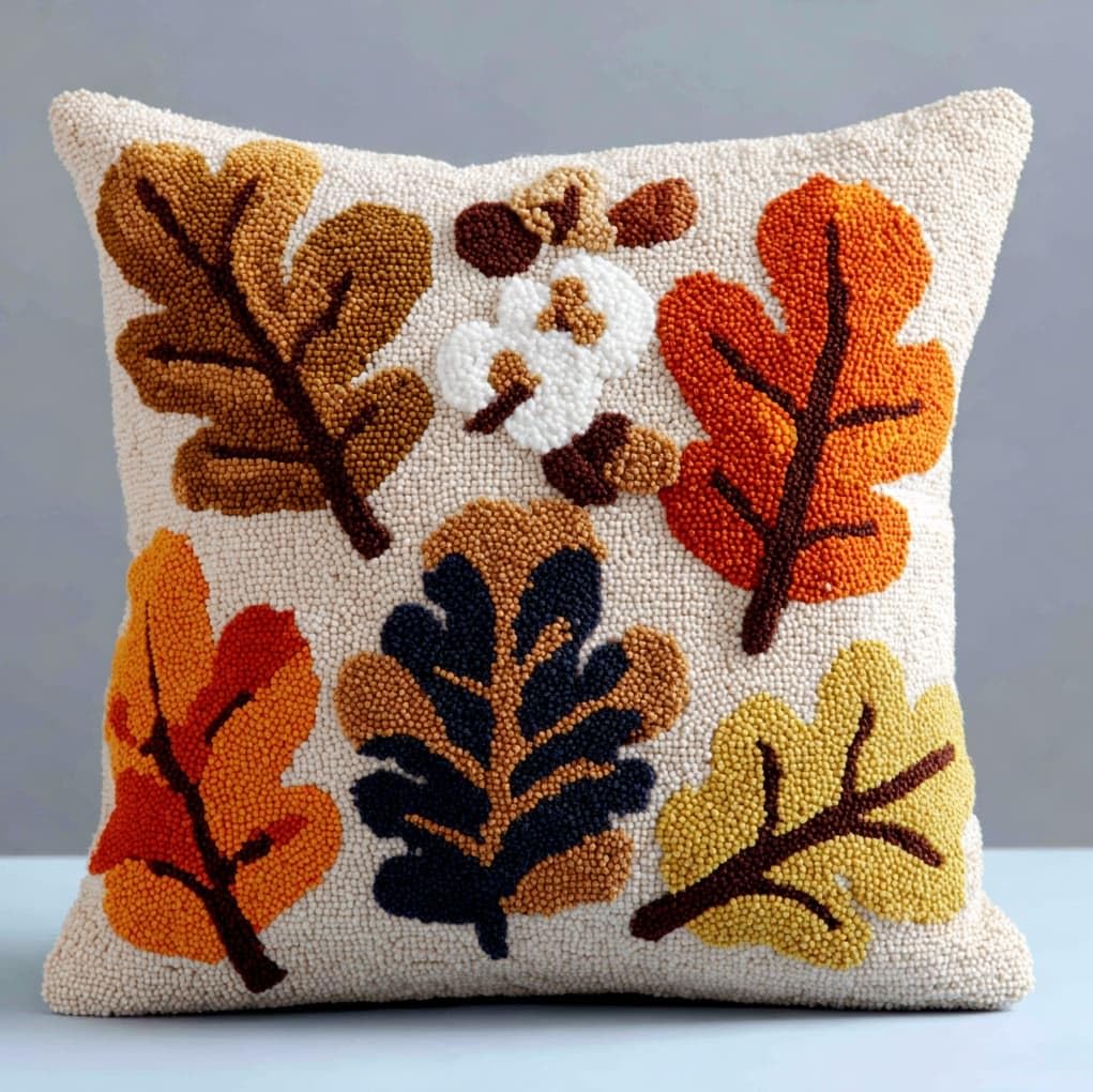 WallustrioaW DIY Latch Hook Kits,Oak Leaves,Pattern Printed Throw Pillow Case Cushion Cover Crochet Needlework Crafts for Kids and Adults,17x17in