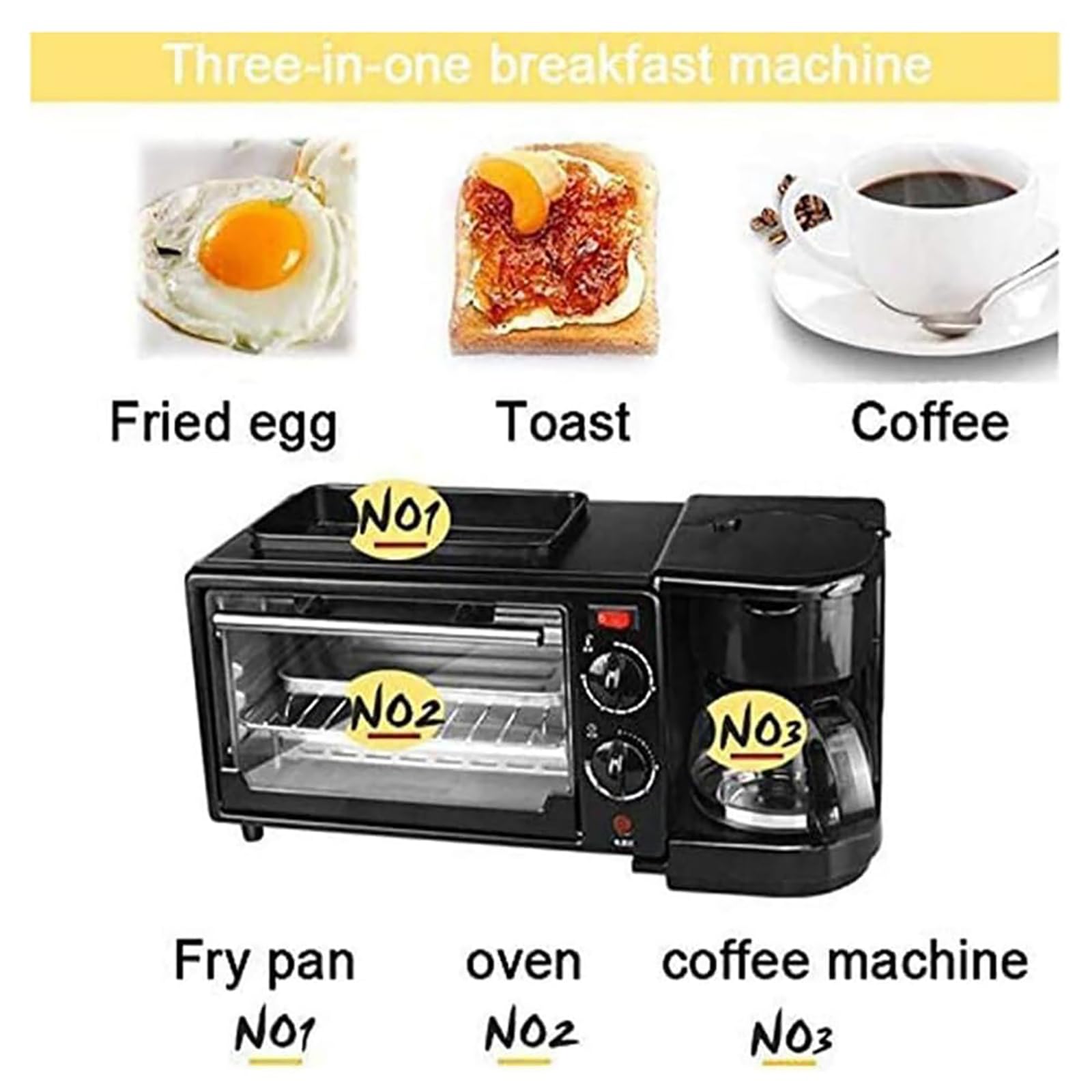 Stazione per la colazione 3 in 1, macchina per la colazione portatile, con padella antiaderente + macchina per il caffè da 400 ml, controllo della temperatura 100-230 °C + temporizzazione di 30 minu