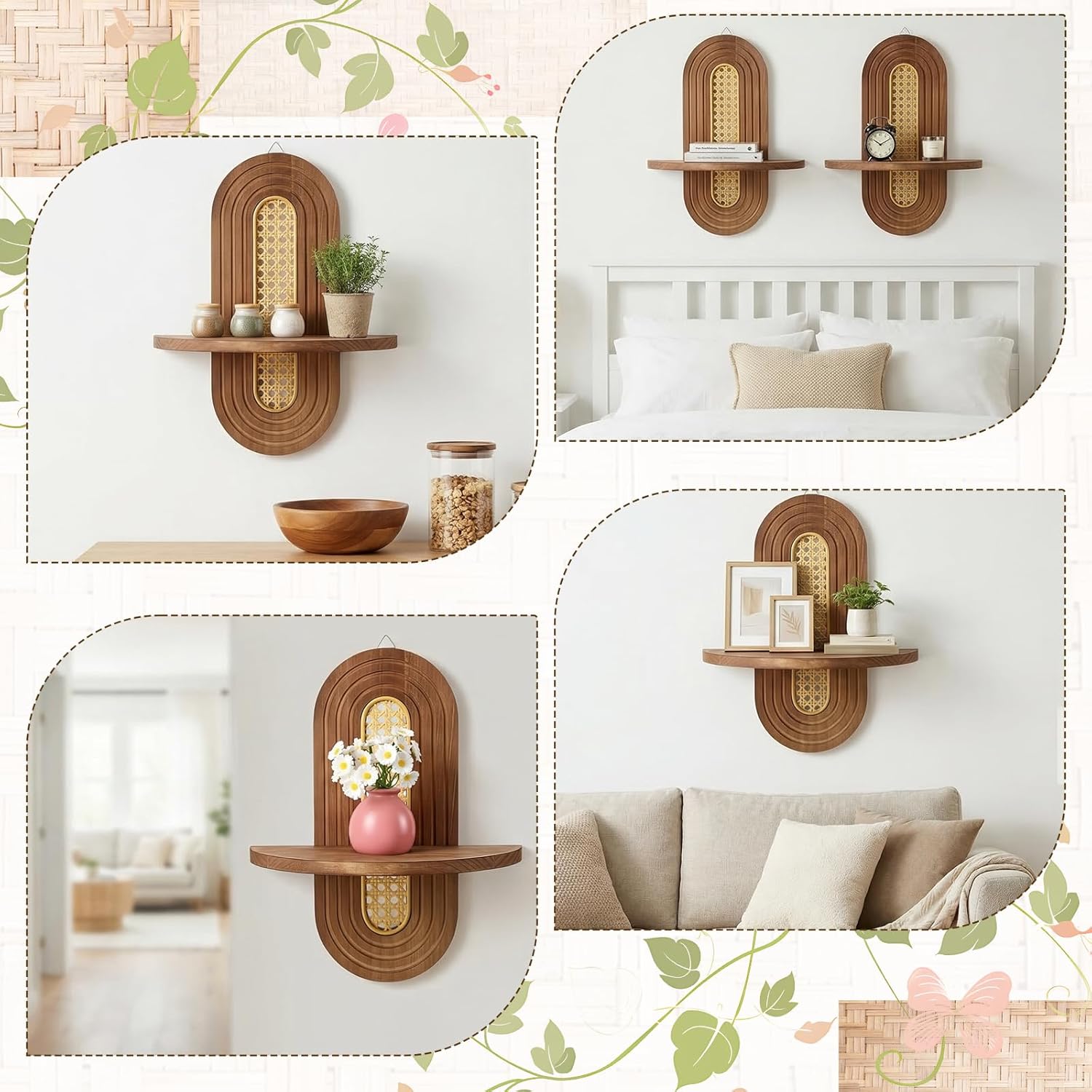 2 Pcs Boho Floating Shelves, 14.5 x 11.8 Inch Wooden Arch Plant Wall Shelf Mid Century Rattan Wall Shelf for Home, Office, Living Room, Small Ornaments (Brown)