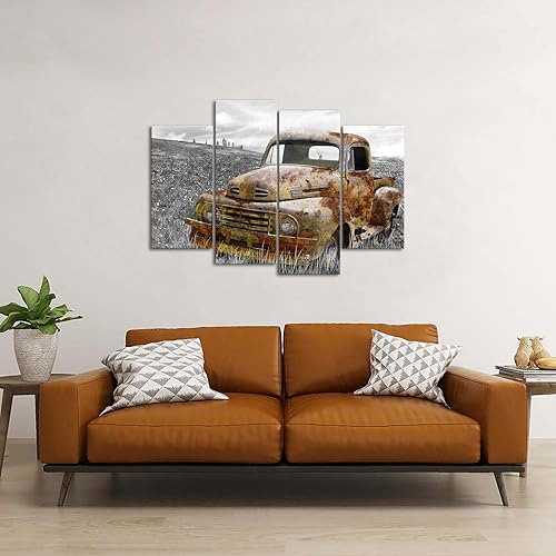 Miniatura 4 de Zlove Lienzo rústico de 4 paneles para pared, diseño vintage de camión viejo, cuadro de paisaje para casa de campo