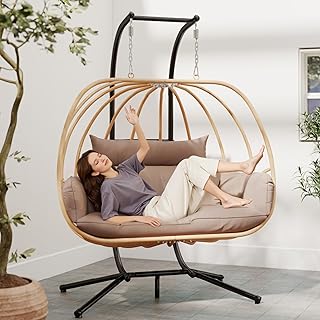 Double Egg Chair Outdoor, Egg Swing Chair with Stand, Hanging Egg Chair Outdoor with Cushions/Headrest, 80" H Hanging Chairs with Stand Indoor, Metal Basket Swing Egg Chairs for Deck, Khaki