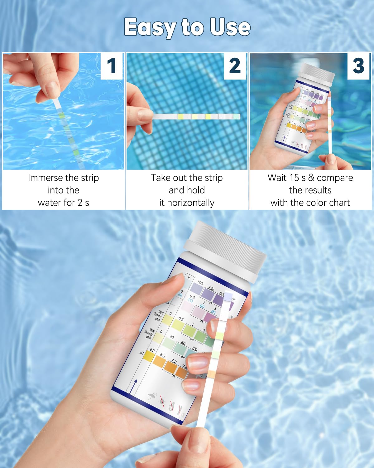 Blarkrus 50x 3 In 1 Chlorine Dip Test Strips Hot Tub Swimming Pool Tester Paper UK