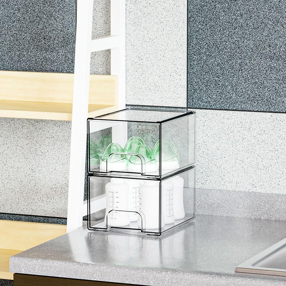 Cassetti trasparenti impilabili per organizer da scrivania in acrilico, salvaspazio, con manici e cuscinetti antiscivolo, per trucco, gioielli, forniture per ufficio, contenitori multiuso