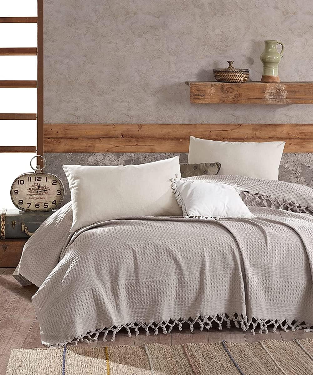 BOHORIA® Sprei in wafellook, pure waffle, extra groot, 210 x 240 cm, 100% katoen, Oeko-Tex®, sprei voor bank, stoel en bed, sofadeken, woondeken ( Sepia, 210 x 240 cm