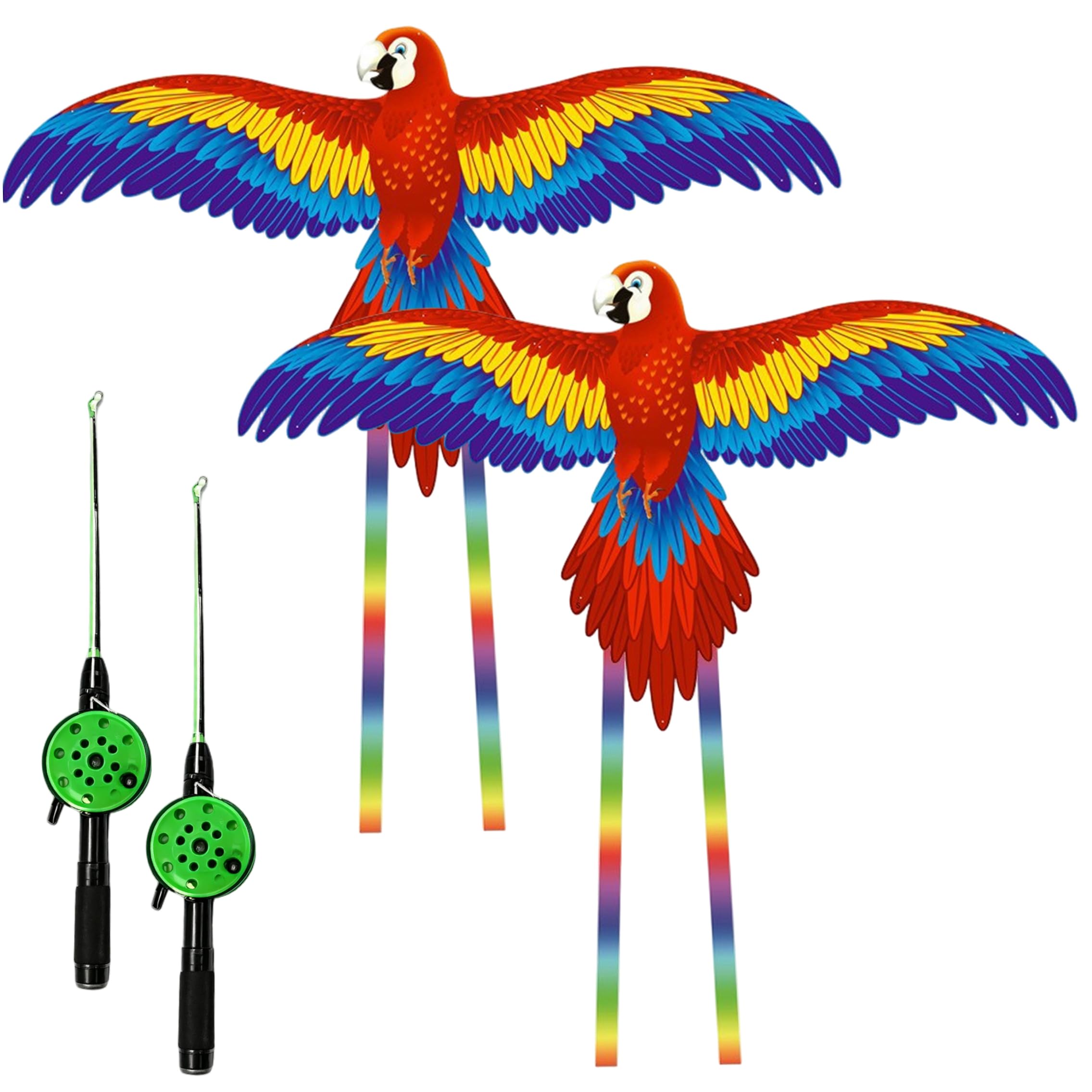 2 Sets Bird Kite For Kids 19.7inch Dynamic Parrot Kites With Carbon Frame Handbrake Fishing Rod & 30m Line