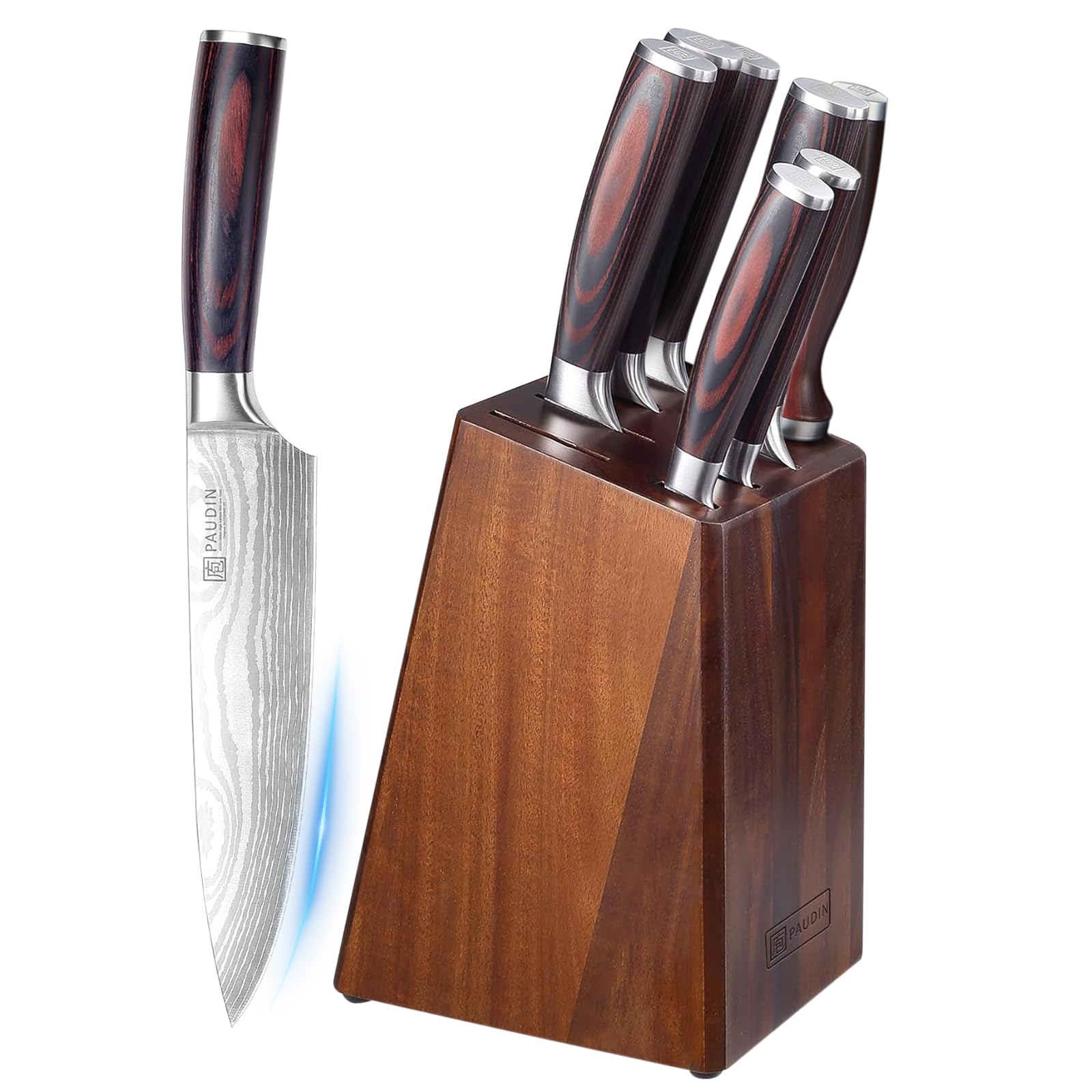 Paudin Messerblock Set mit 9-TLG, Scharfes Hochwertiges Küchenmesser Set aus Edelstahl, Messerblock mit Messer & Ergonomischem Holzgriff, Messerset mit Block für Koch/Haushalt, FDA