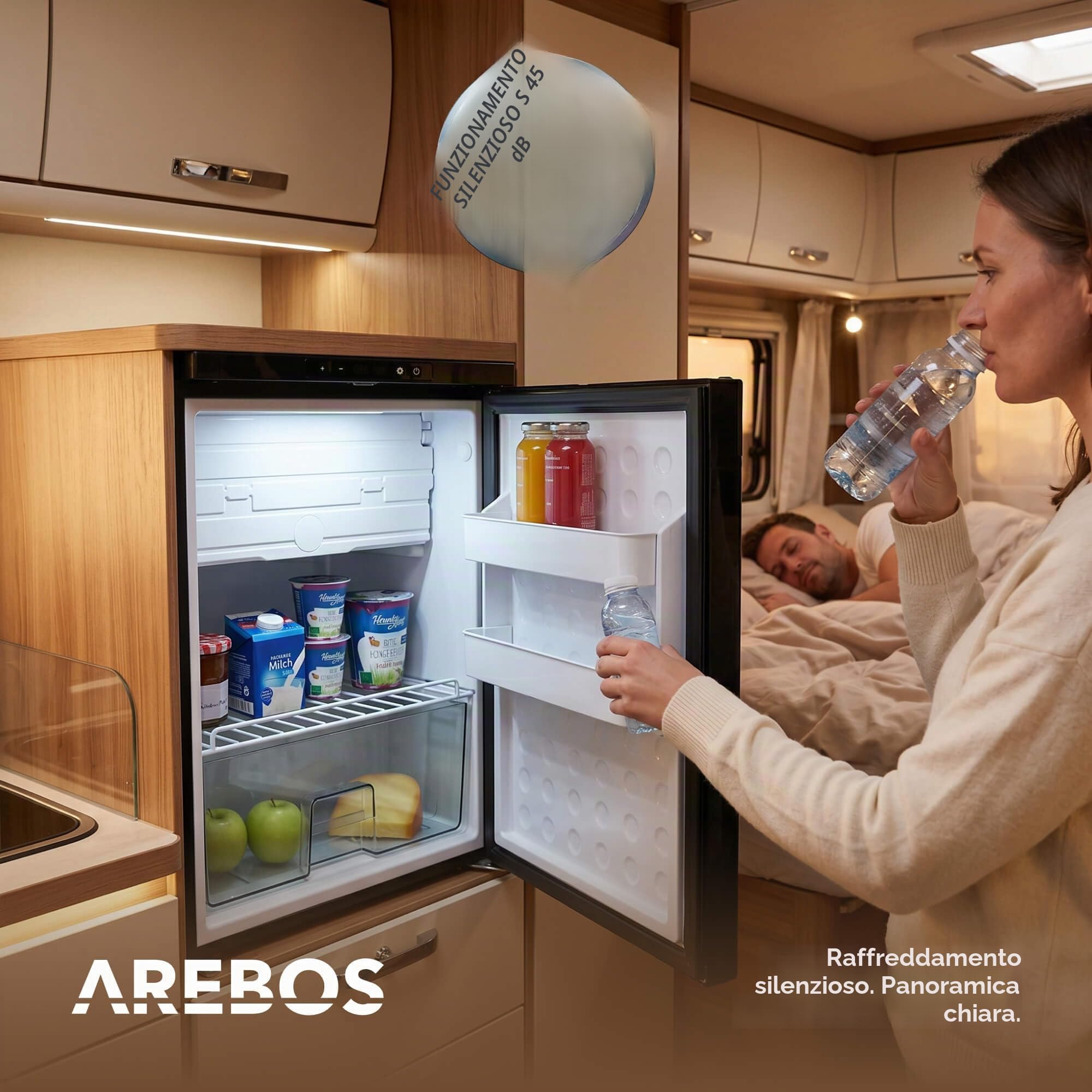 AREBOS Frigorifero a Compressore per Camper 65L con Scomparto Congelatore | Controllo APP | 12V/24V | Fino a -20°C | Porta Reversibile | Frigorifero per Camper, Van, Auto e Camion