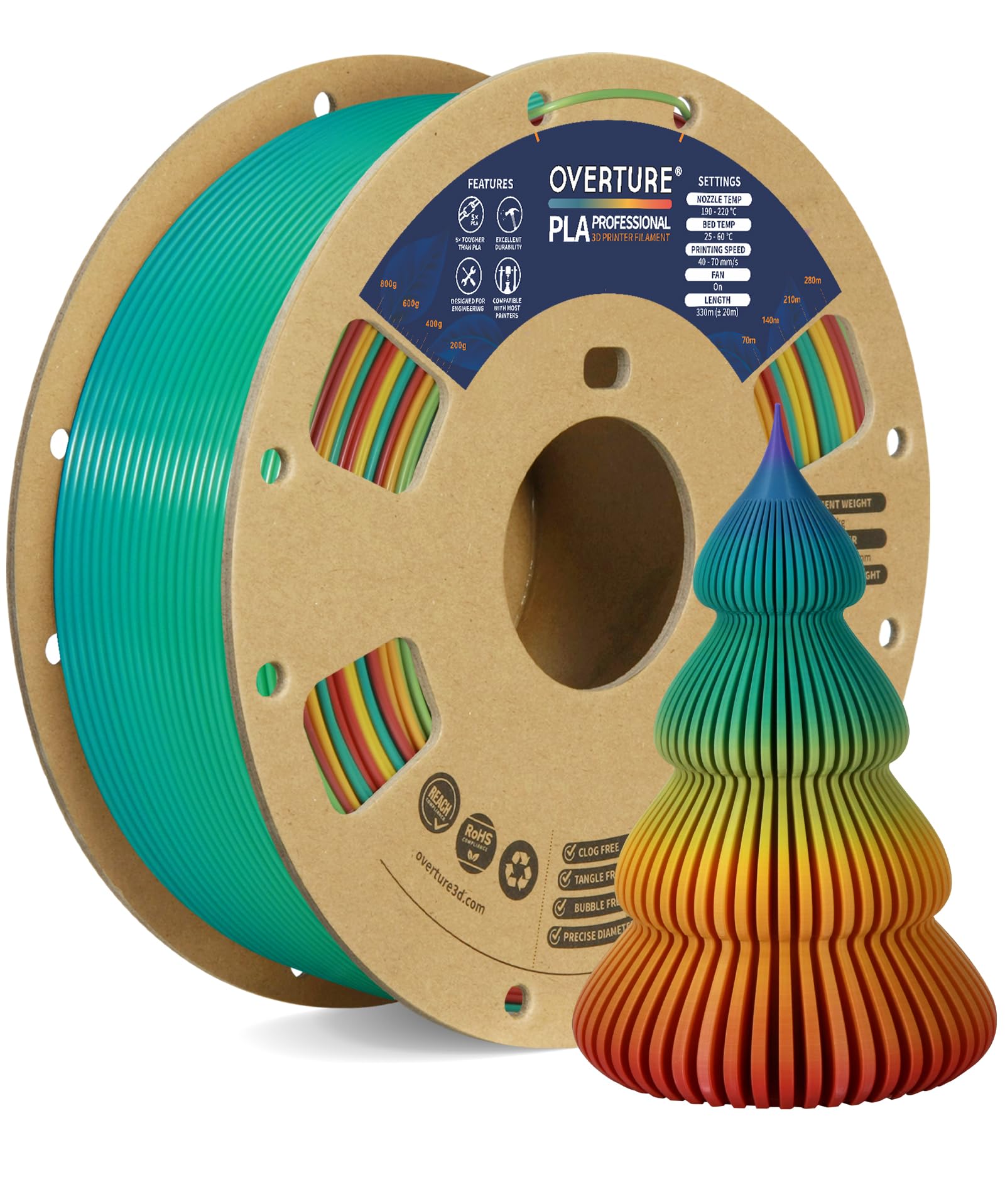 OVERTURE PLA+ Filamento 1.75mm, Toughness Enhanced PLA PLUS Roll, Professionale PLA+ Tenacia, 1kg Filamento 2.2lbs (Arcobaleno al Tramonto)