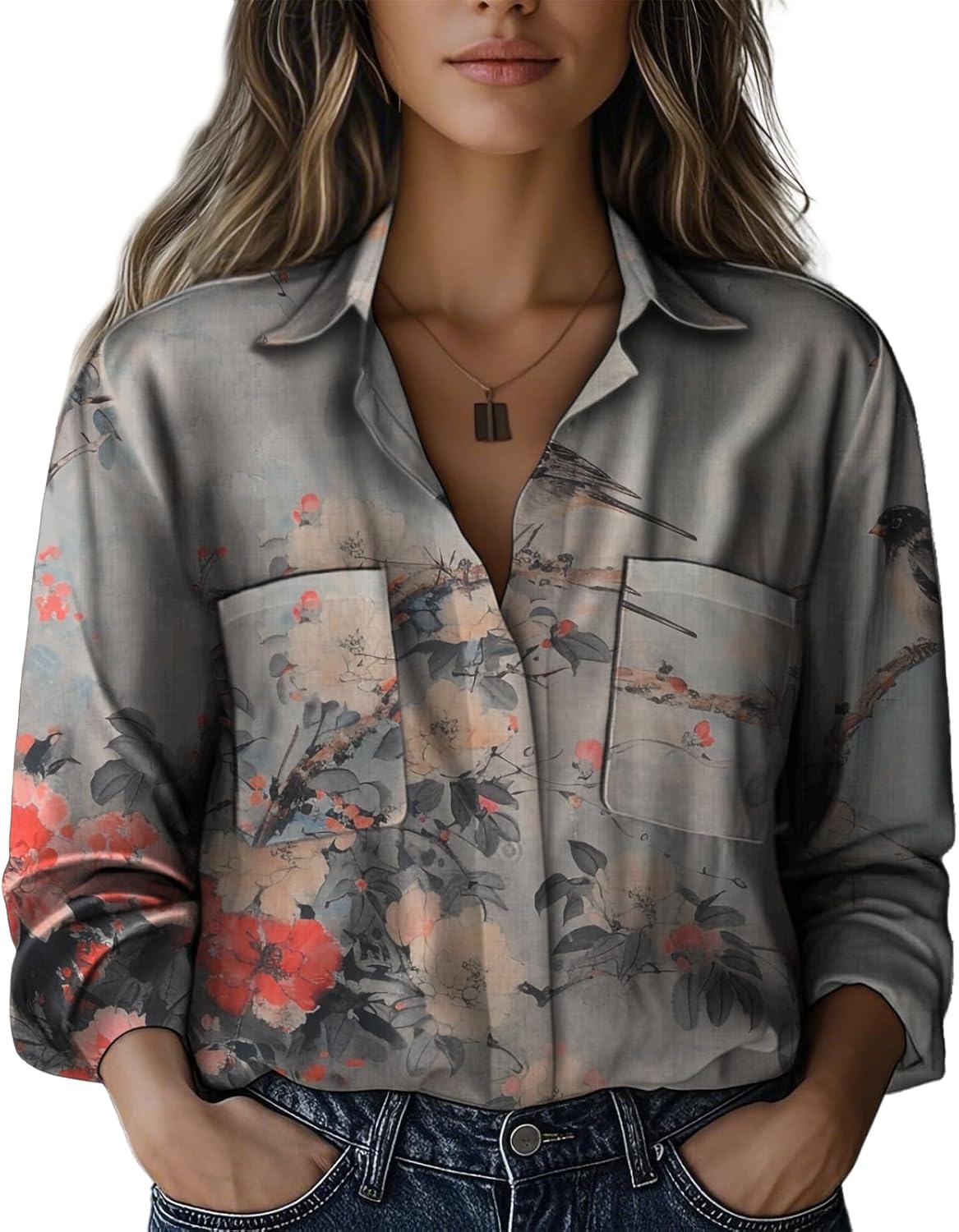 domirica Spring Shirts for Women 2025 Trendy Button Up Rolled Three-Quarter Sleeves V Neck Blouses Soft and Comfy Tops