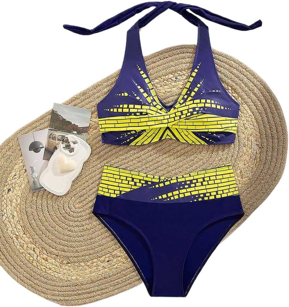 Women's Two Piece Swimsuit, Black and Gold Geometric Pattern Swimwear, Halter Neck Top with High Waist Bottom