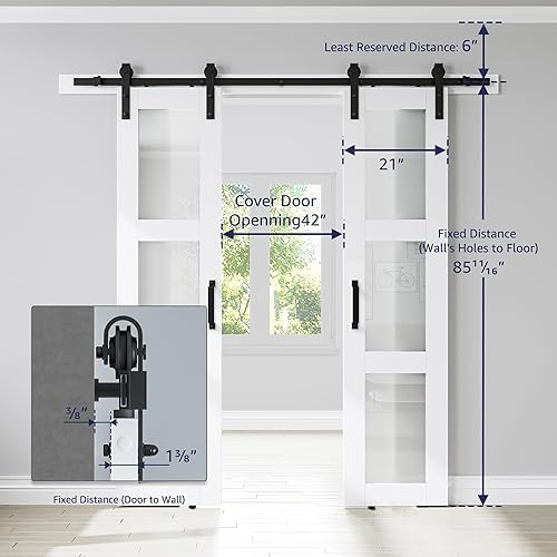 Miniatura 2 de Puerta corrediza de granero doble de 21 x 84 pulgadas con vidrio esmerilado y kit de herrajes de 7 pies, impermeable, fácil de montar, agujeros