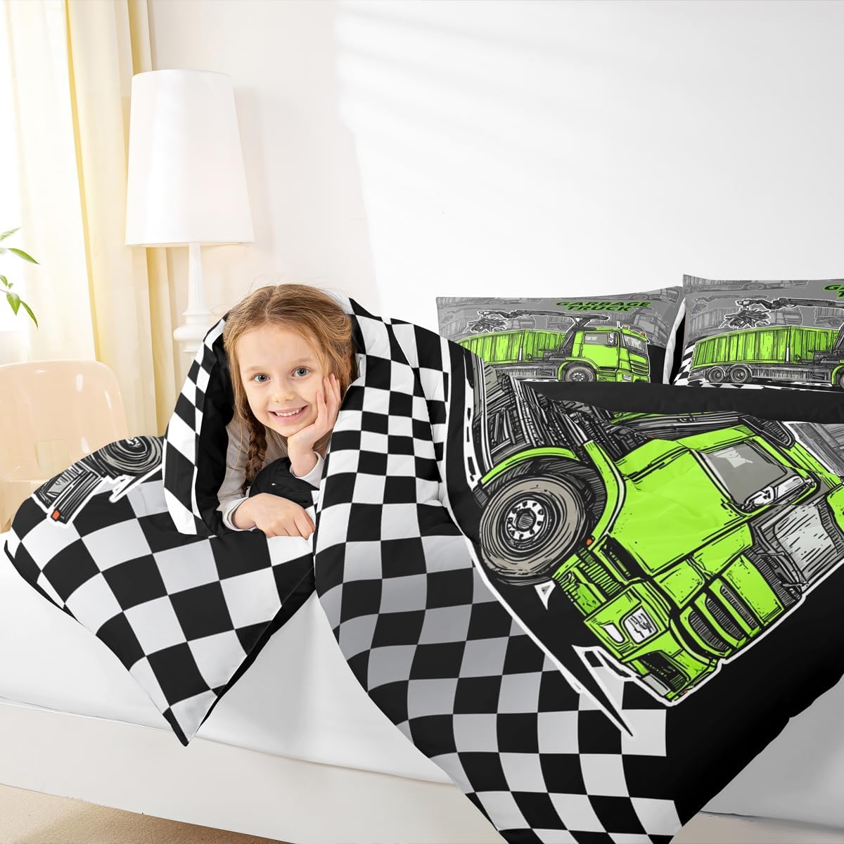 Garbage Truck Kids Comforter Set Queen Size,Green Rubbish Car Bedding Set,Girls Boys Adults Room Decor,Geometric Checkerboard Patchwork Down Comforter,Black White Chic Duvet Insert,2 Pillowcases