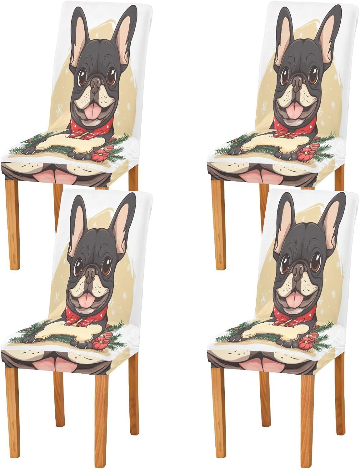 ALAZA Chair Covers for Dining Room, Merry Christmas Cartoon French Bulldog Bone Stretch Chair Cover Sets Chair Protector Removable Washable for Ktichen Restaurant Hotel