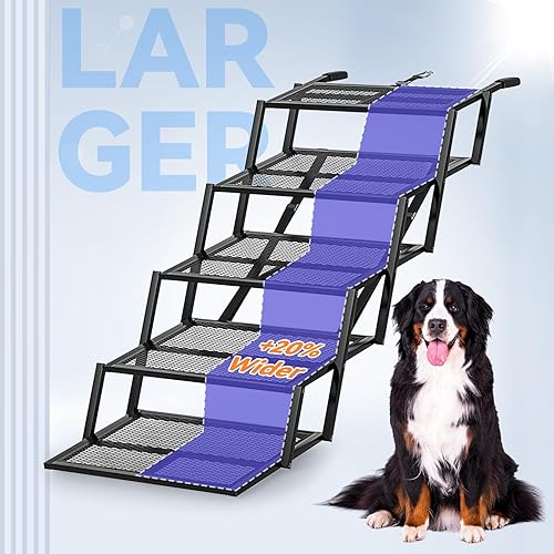 Miniatura 2 de Pawaboo Escaleras extra anchas para perros para automóvil, rampas plegables para perros con superficie antideslizante y cinta reflectante, peldaños