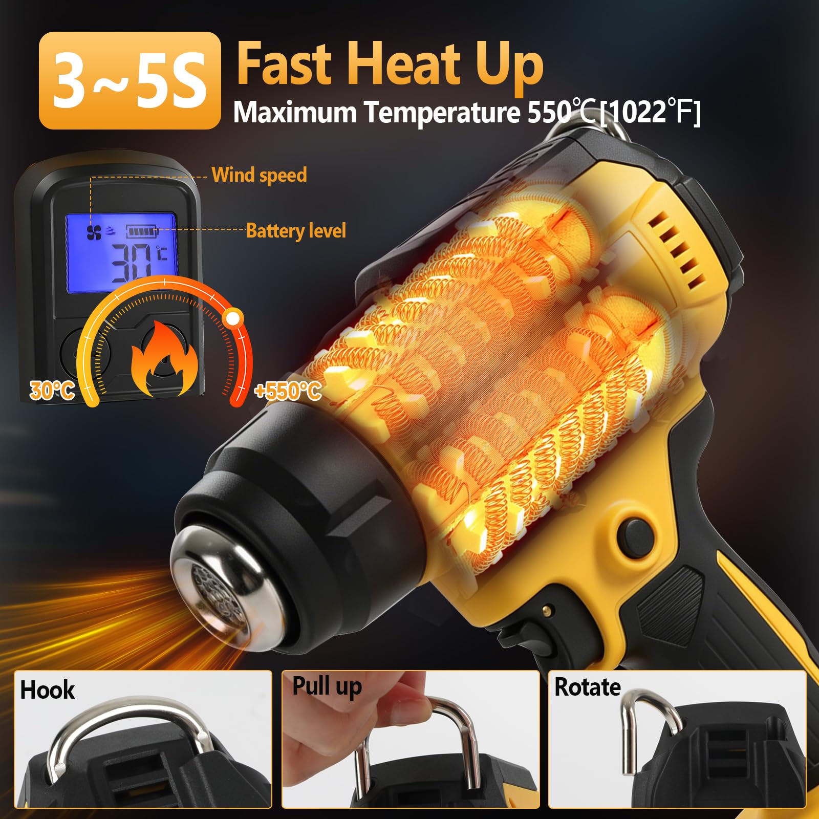 Pistola de calor inalámbrica compatible con Dewalt 18/20V con 4 boquillas, 1 raspador, pistola de calor de 300 W y 550 °C con pantalla LED para manualidades, tubos termorretráctiles, resina y