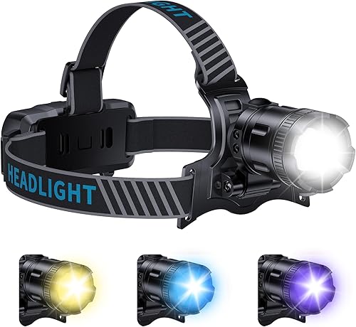 YNYS Linterna frontal recargable con 4 colores (blancoamarilloazulUV), 990000 lúmenes, faros superbrillantes con sensor de movimiento, ajustable a