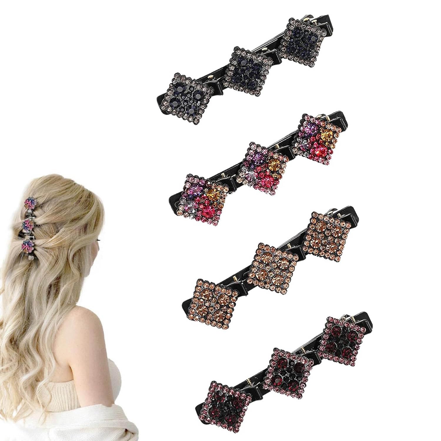 Newnewlooks Sparkling Crystal Stone Braided Hair Clips, 4pcs Rsvelte Triple Braided Hair Clips with 3 Small Clips for women, Small Rhinestone Hair Braid Clips (E)