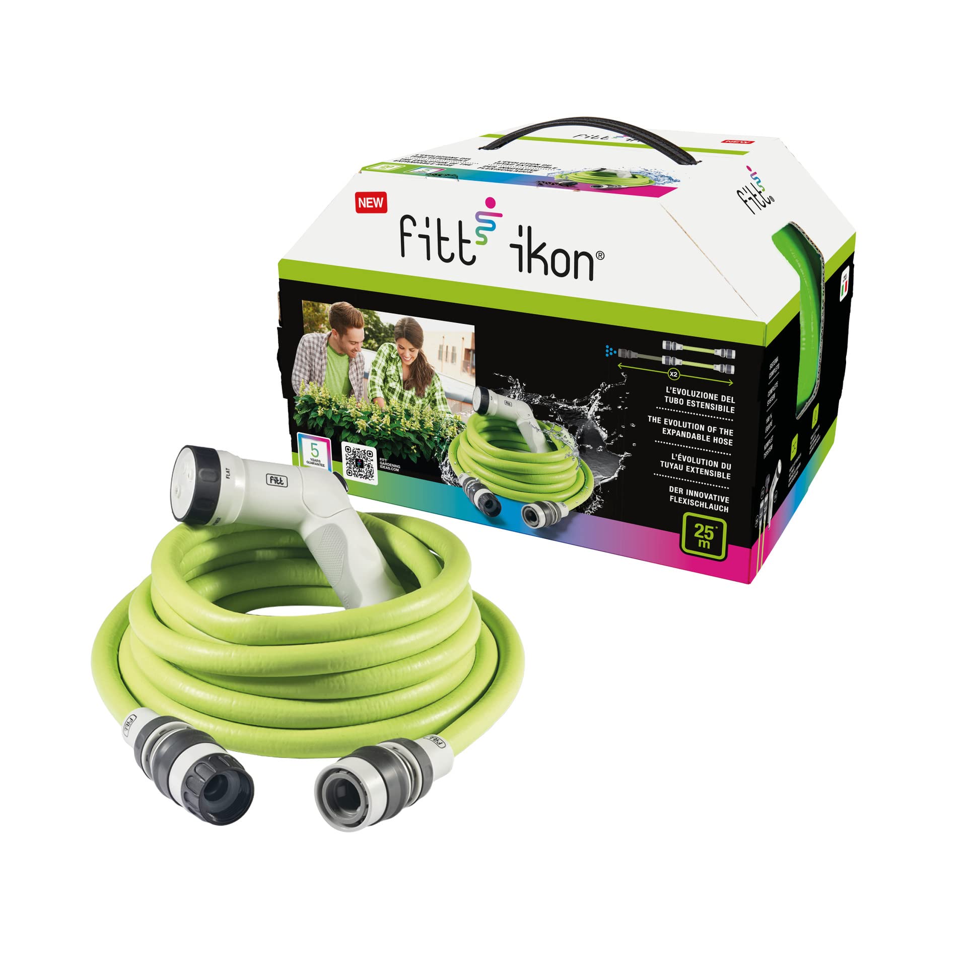 FITT IKON 25 m - Manguera de Agua de Jardín, Extensible, Compacta, Ligera y Lista para usar, con Pistola Multichorro, Lime